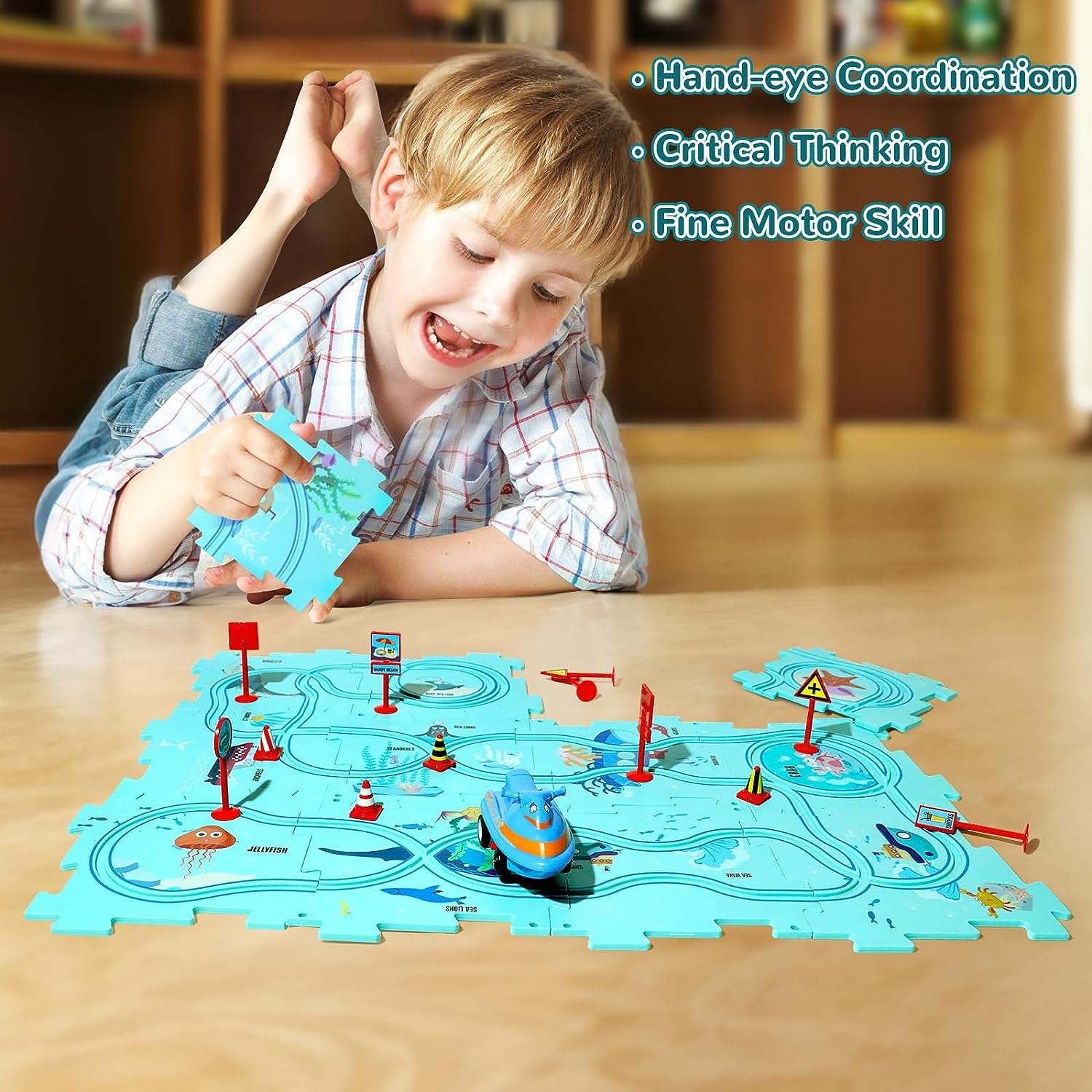 BLiSS HUES 15 PCS Car Puzzle Track Set for Kids with A Cute Vehicle Toddler Puzzle Track Play Set- Critical Thinking Educational Toys for 3-5 Year Old Boys Girls (Ocean 15Pcs) - Image 2 thumbnail