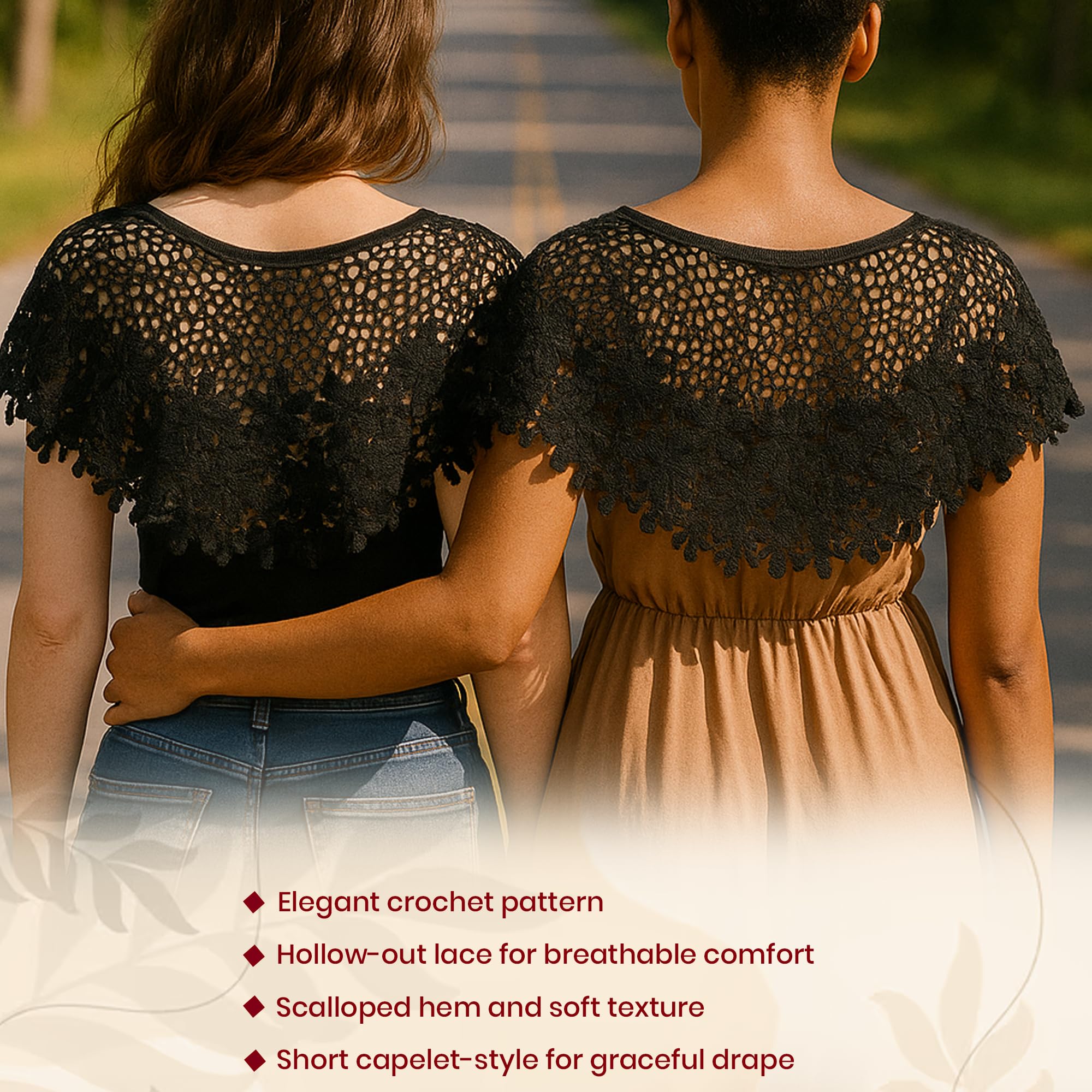 Homeaura® Lace Shrugs for Women | Stylish Cape Poncho Crochet Shrug Floral Pattern Capelets Knitted Cover Up Wraps | Short Hollow Out Net Shrug for Off-Shoulder Strapless Evening Beachwear (Black) - Image 5 thumbnail