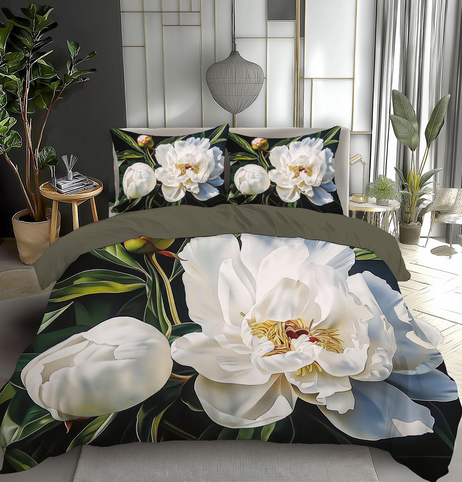 Housse de couette 140x200cm vert foncé pivoine avec 2 taies d'oreiller en microfibre