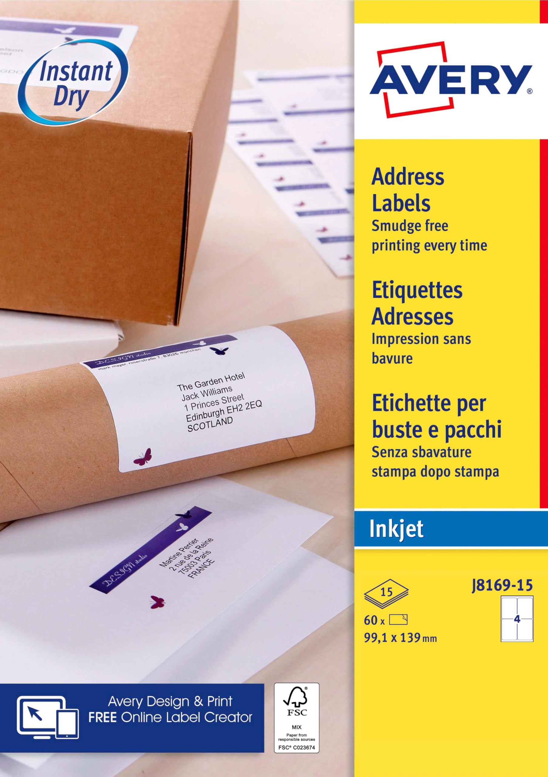 AVERY - Pack of 60 White Shipping Labels 99.1 x 139 mm Inkjet (J8169-15)