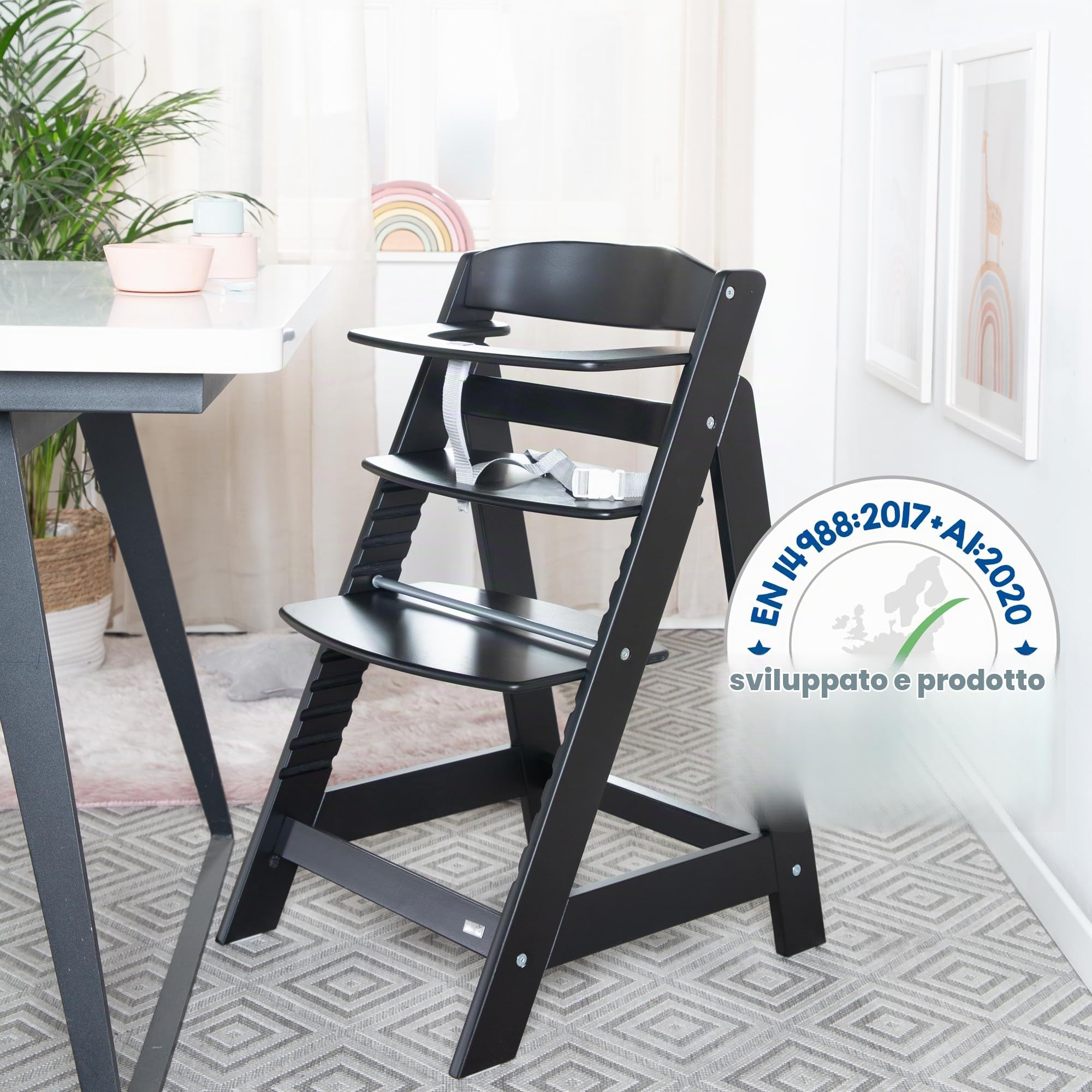 roba Seggiolone Evolutivo Sit Up Flex 2 in 1, Altezza Regolabile, dai 6 Mesi fino ai 70 kg, con Poggiapiedi, Robusto ed Ergonomico, Legno Laccato Nero
