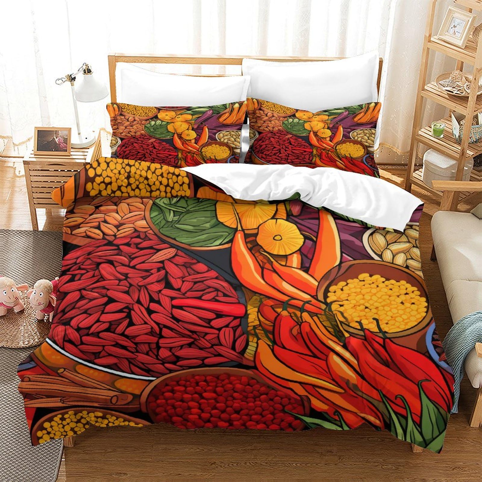 UENDOKRNN Colourful Spices Duvet Cover Set 3 PCS Hotel Quality Quilt Cover Bedding Sets Bed Covers with Pillowcases with Zipper Closure Hypoallergenic Soft Breathable Microfiber Single（140x200cm）