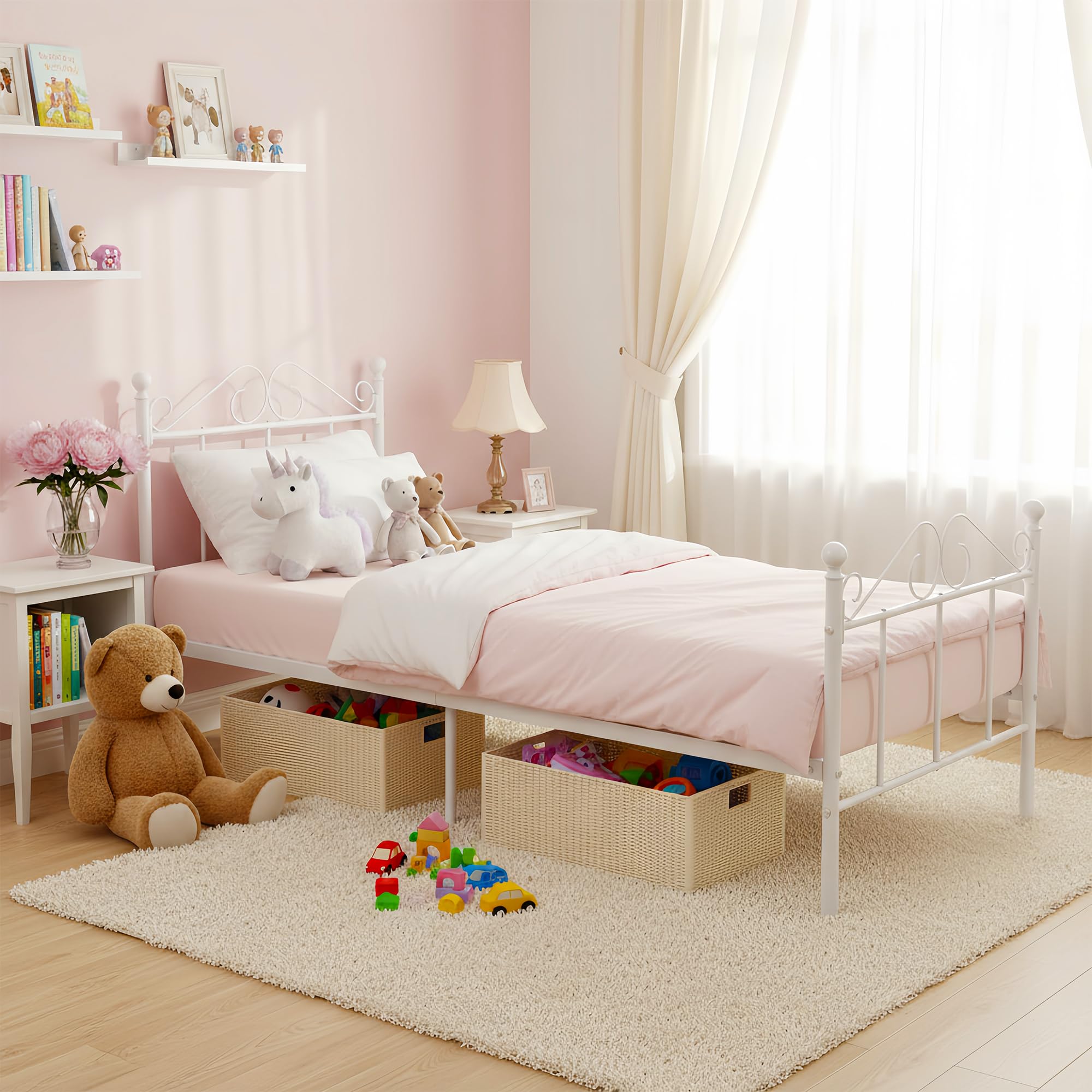 Cadre de Lit Enfant en Métal pour Matelas 90x190 cm, Lit Enfant Sol avec Sommier 90x190/Montage Facile/Convient comme pour Enfants/Ado/Adolescent Garcon/Fille/Senior/Blanc/Style A