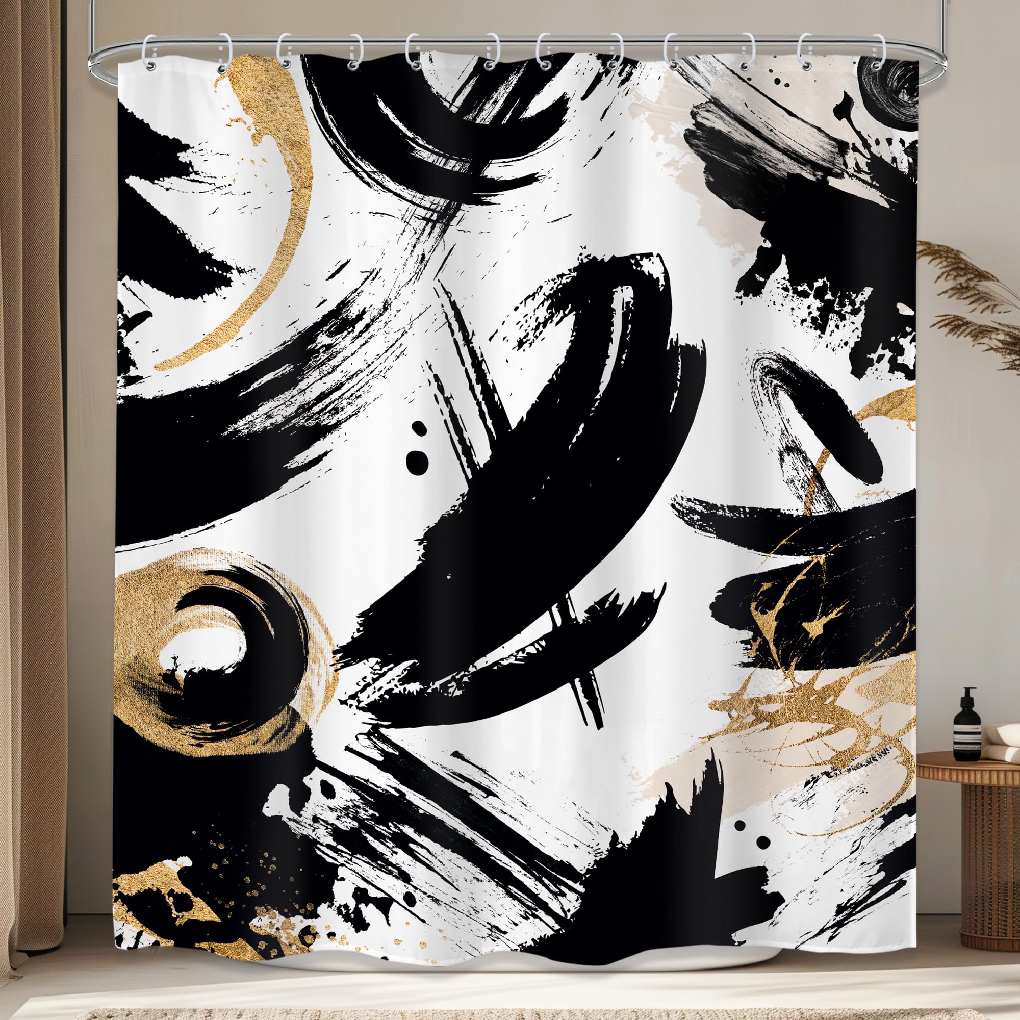 LIGHTINHOME Abstract Black and White Shower Curtain 60Wx72H Inches Modern Minimalist Geometric Simple Aesthetic Gold Ink Unique Cool Fabric Waterproof