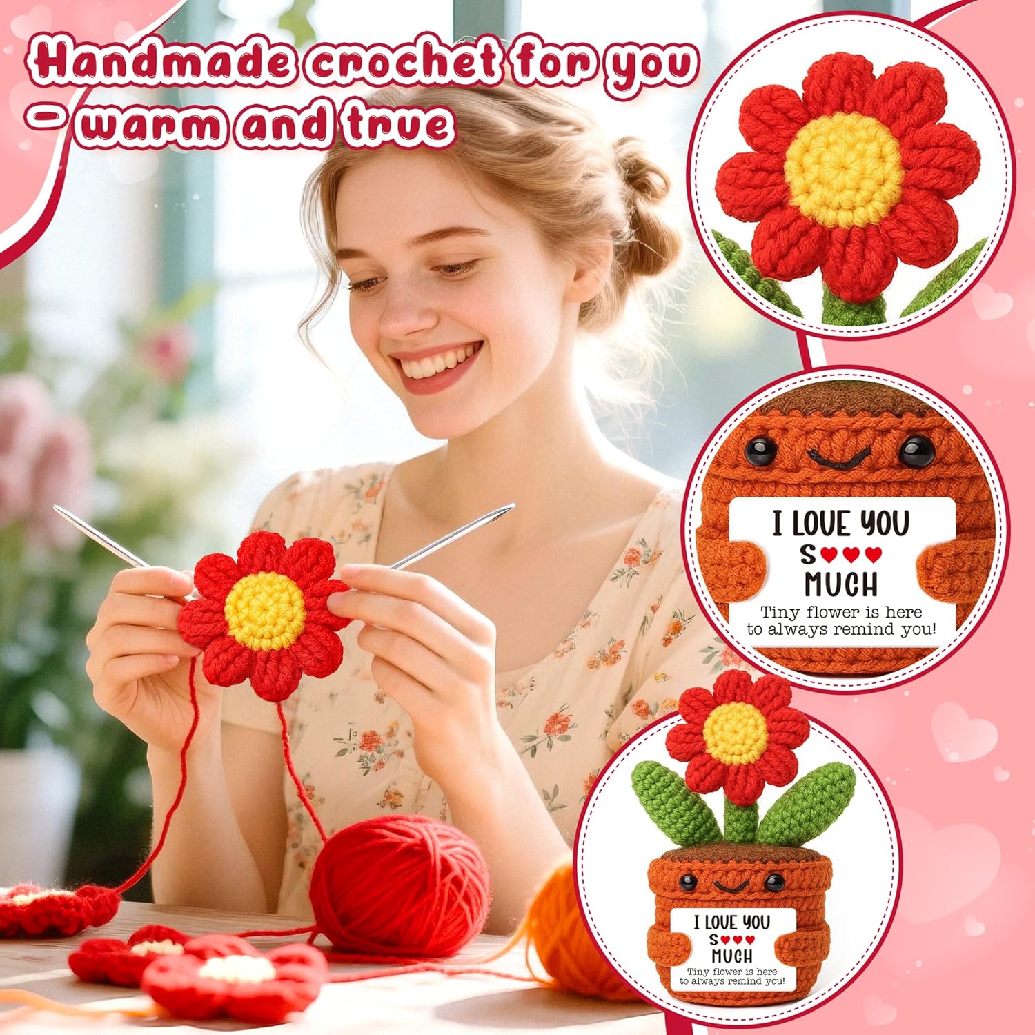 Gifts for Her Wife Girlfriend, Handmade I Love You Anniversary Wedding Valentine’s Day Birthday Christmas Long Distance Gift for Women Fiancée, Romantic Mini Crochet Red Flower Present - Image 4