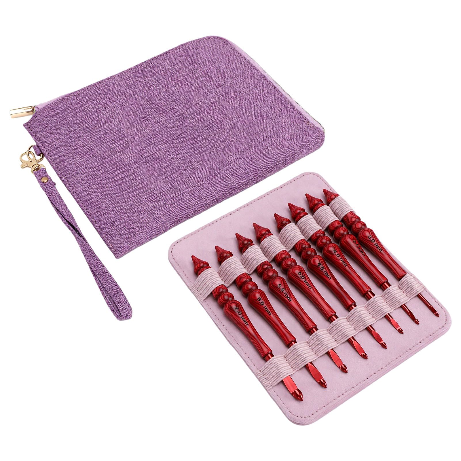 Zunate Juego de 8 Agujas de Ganchillo, de Madera Ergonómico de 3,0-7,0mm, Agujas de Ganchillo de Aluminio con Bolsa de Almacenamiento para Principiantes, 8 Uds.