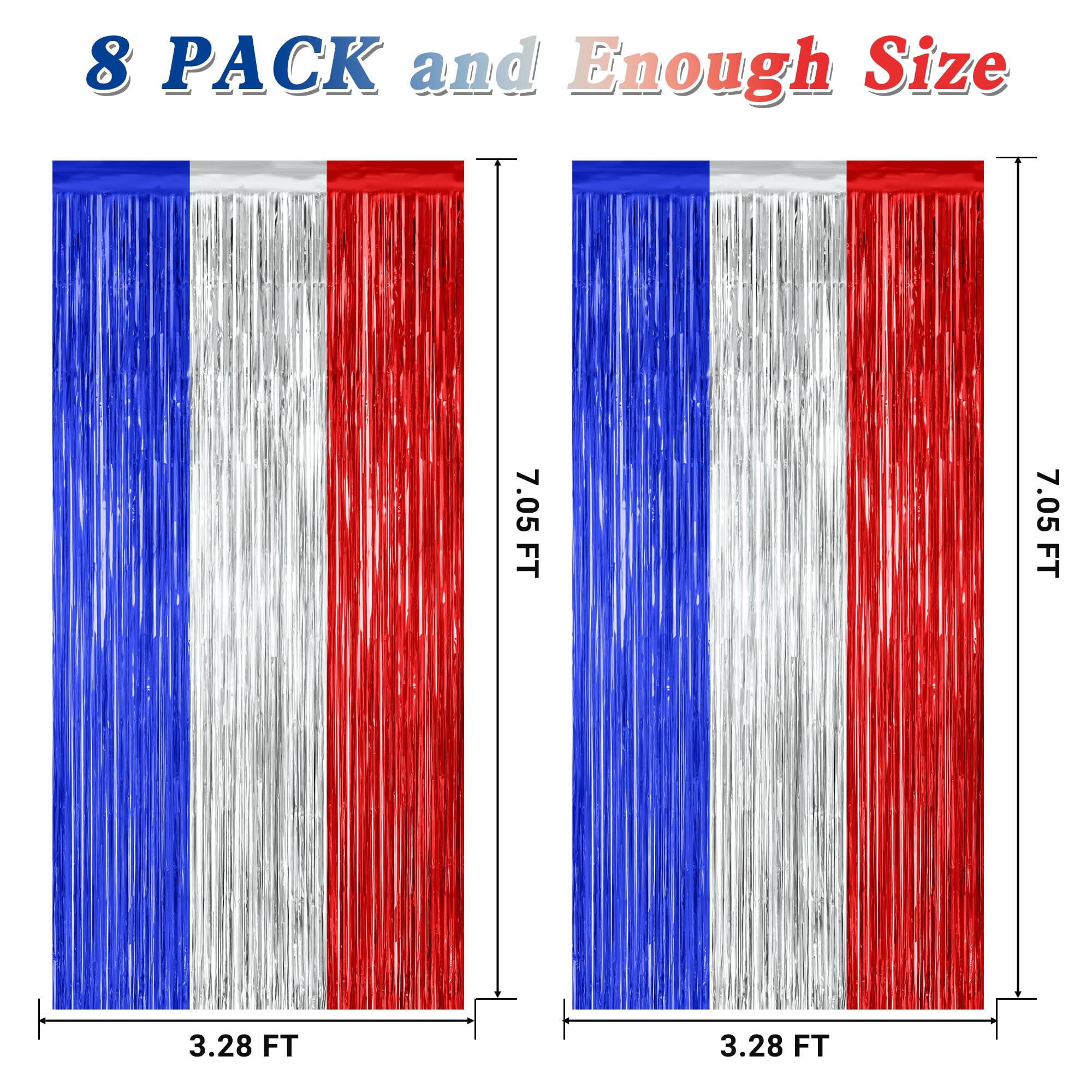 8 Pack 4th of July Photo Backdrop, 3.28 FT x 7.08 FT Fourth of July Decorations, Metallic Blue Silver Red Patriotic Tinsel Backdrop Foil Curtains, Patriotic Independence Day Decorations