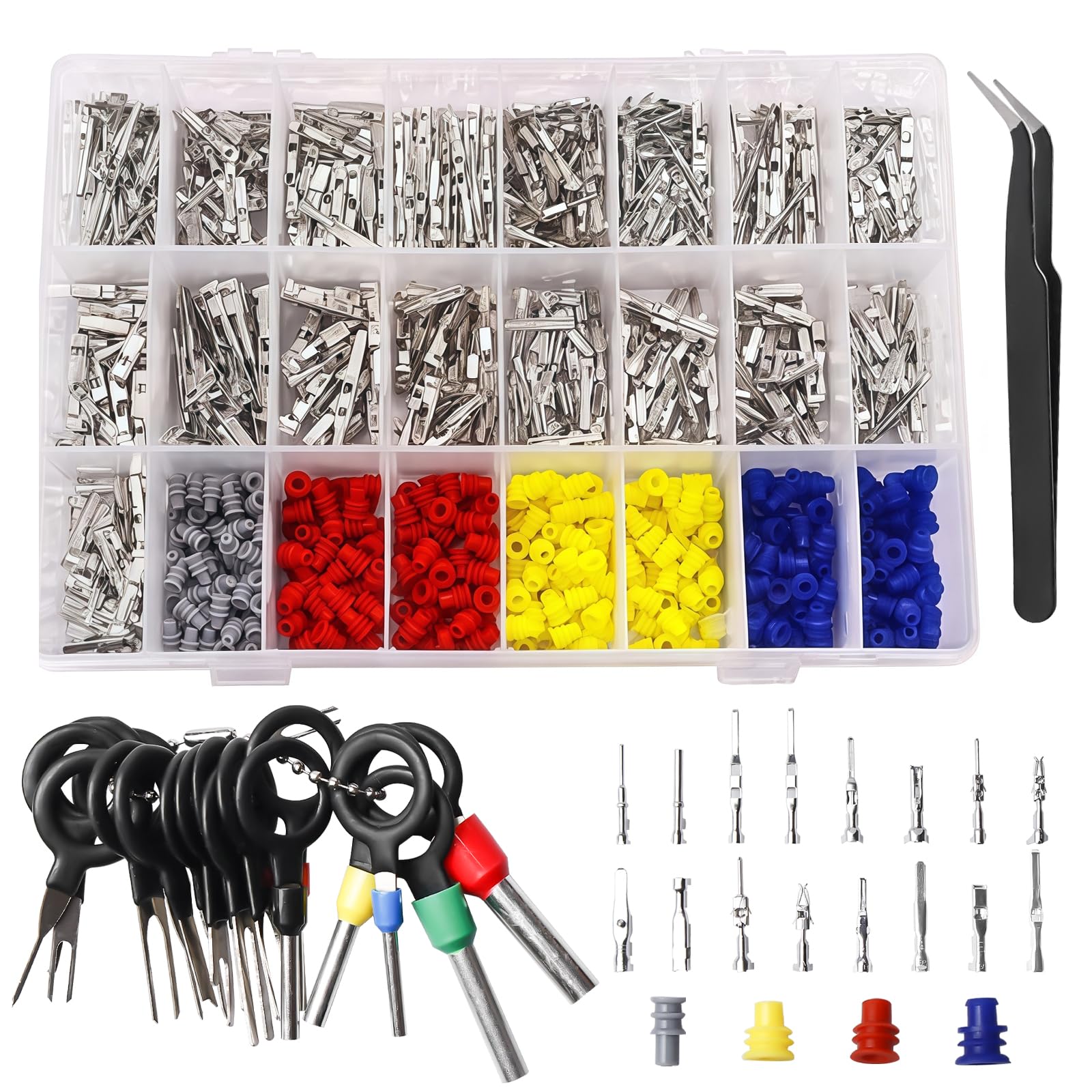 Kit di pin per connettori Sporgo: 755 pezzi connettori per veicoli a 1/1,5/1,8/2,2/2,3/2,5/2,8/3,5 mm maschio e femmina, per rimozione di guarnizioni di fili automobilistici