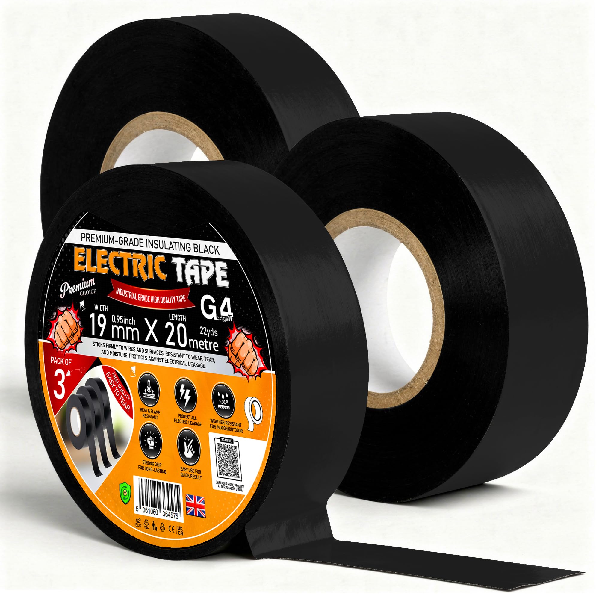 G4GADGET Black Electrical Tape 19mm x 20m (Pack of 3) – Strong Self-Adhesive PVC Insulation Tape, Waterproof Heat Resistant Electric Tape for Wires, Cables, Repairs & DIY