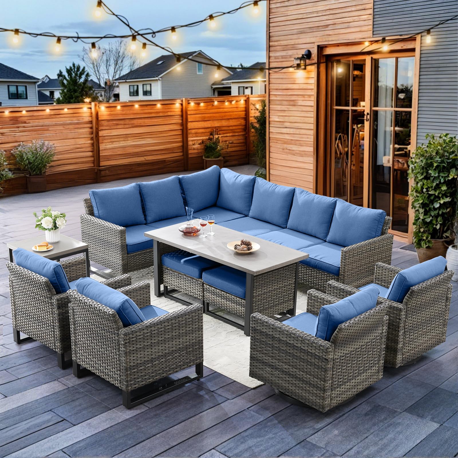 HUMMUH Patio Furniture 10 Piece PE Wicker 6-Seater Outdoor Sectional Sofa Patio Swivel Chairs Outdoor Chairs with Tables for Porch,Garden,Backyard,