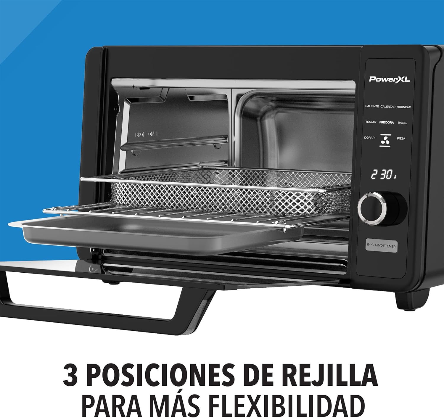 PowerXL Air Fryer Oven showing air frying curly fries