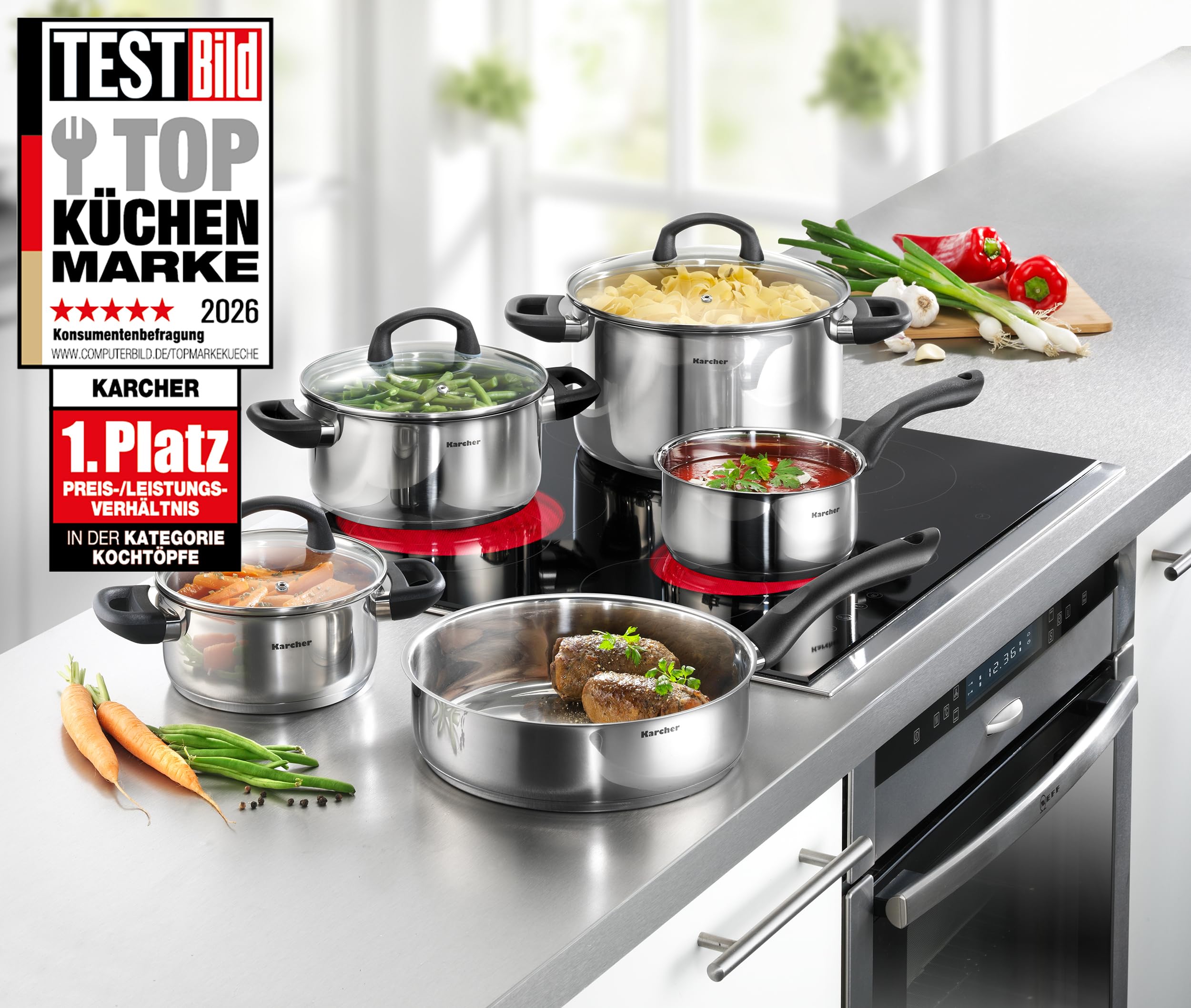 Karcher Topfset Mia aus Edelstahl, Kochgeschirr Induktion-Kochtopf-Set, Töpfe mit Glasdeckel / Pfanne / Stielkasserolle, 5-teilig