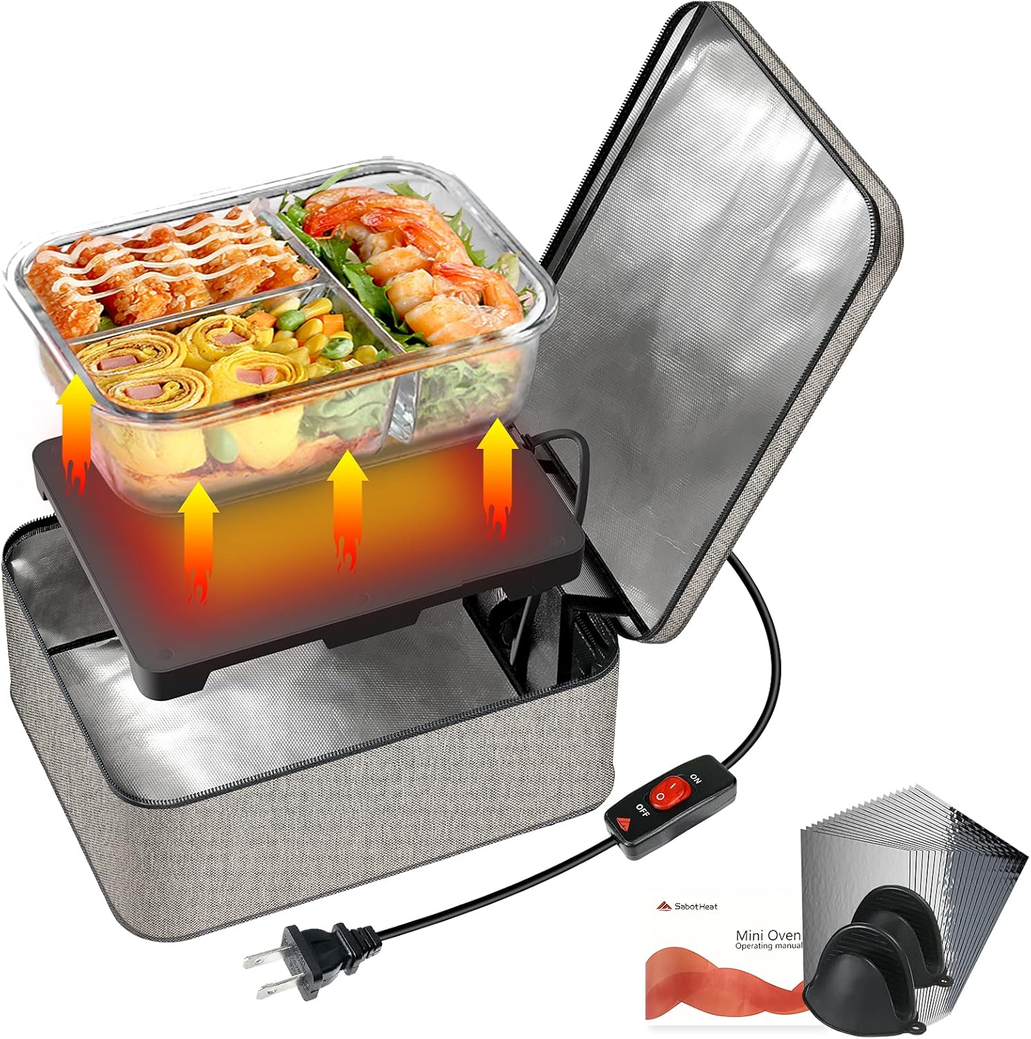 SabotHeat Mini Portable Oven - 120V 90W Fast Heating Portable Microwave with On/Off Switch for Reheating & Raw Food Cooking, Portable Food Warmer Lunch Box for Office, Travel, Home Kitchen(Grey)