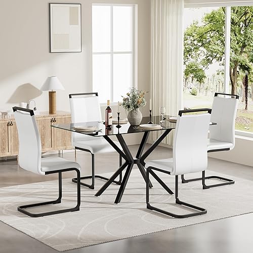 Miniatura 10 de Juego de comedor moderno de 5 piezas de 47 pulgadas, mesa de vidrio templado transparente + 4 sillas de comedor tapizadas de cuero con respaldo alto