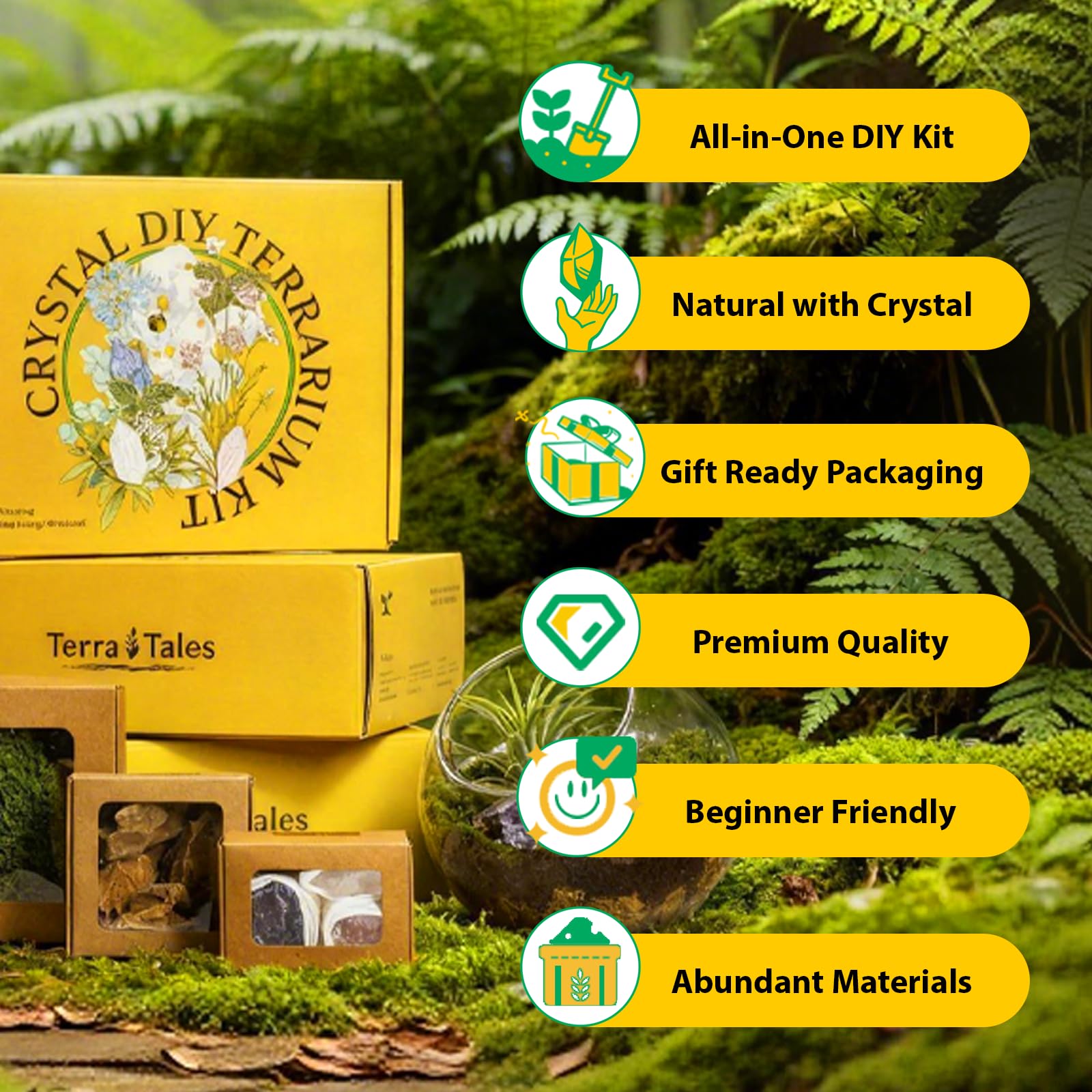 Kit de terrario de cristal para hacer tú mismo - Kit de inicio todo en uno de 21 piezas con musgo preservado, piedra pómez, cristales, fibra de coco, herramientas y decoración | Regalo curativo para