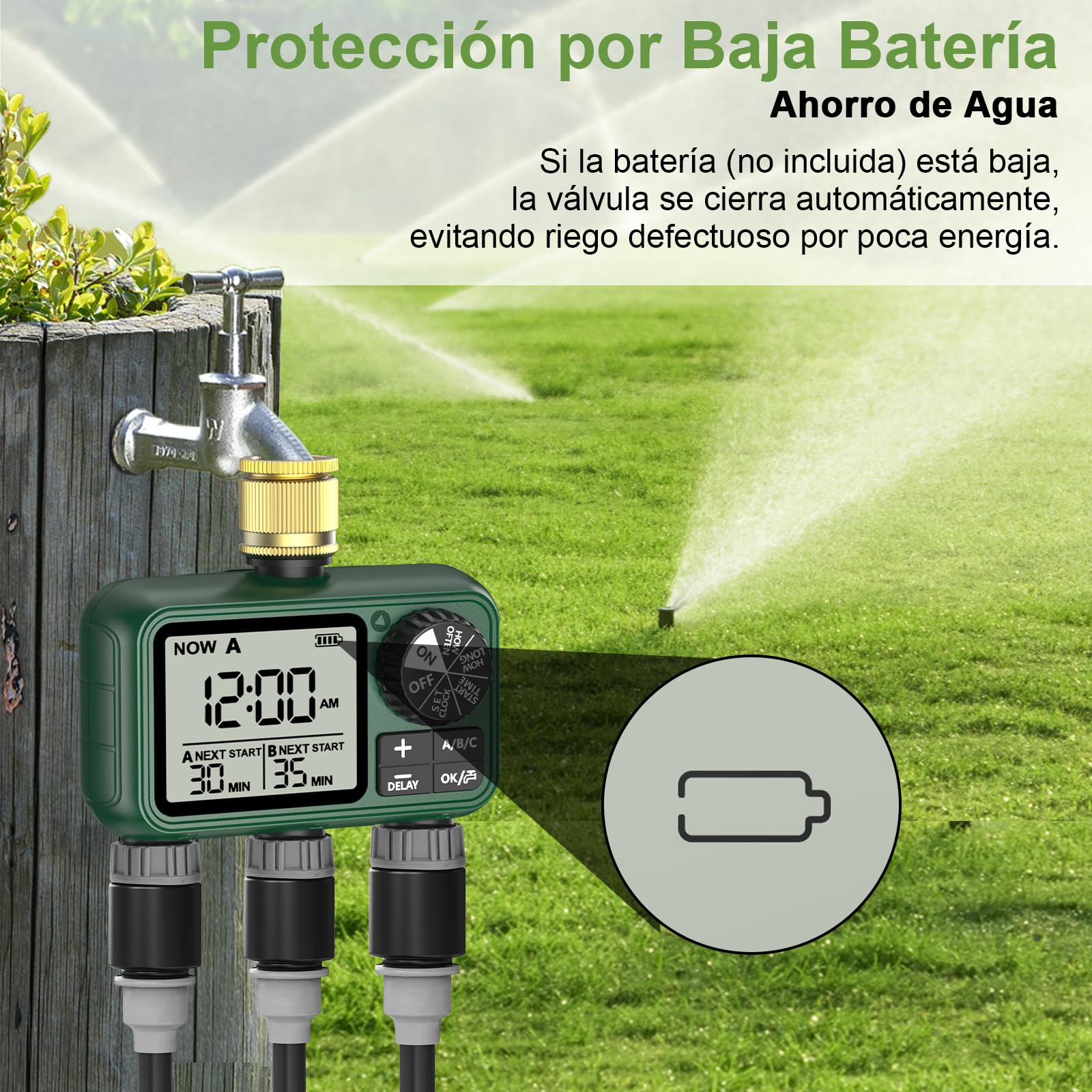 Programador Riego 3 Salidas con Entrada de Latón, Pantalla LCD Grande, Temporizador de Riego Automatico con Retraso por Lluvia, Riego Automático/Manual, Programador de Riego para Jardín Césped