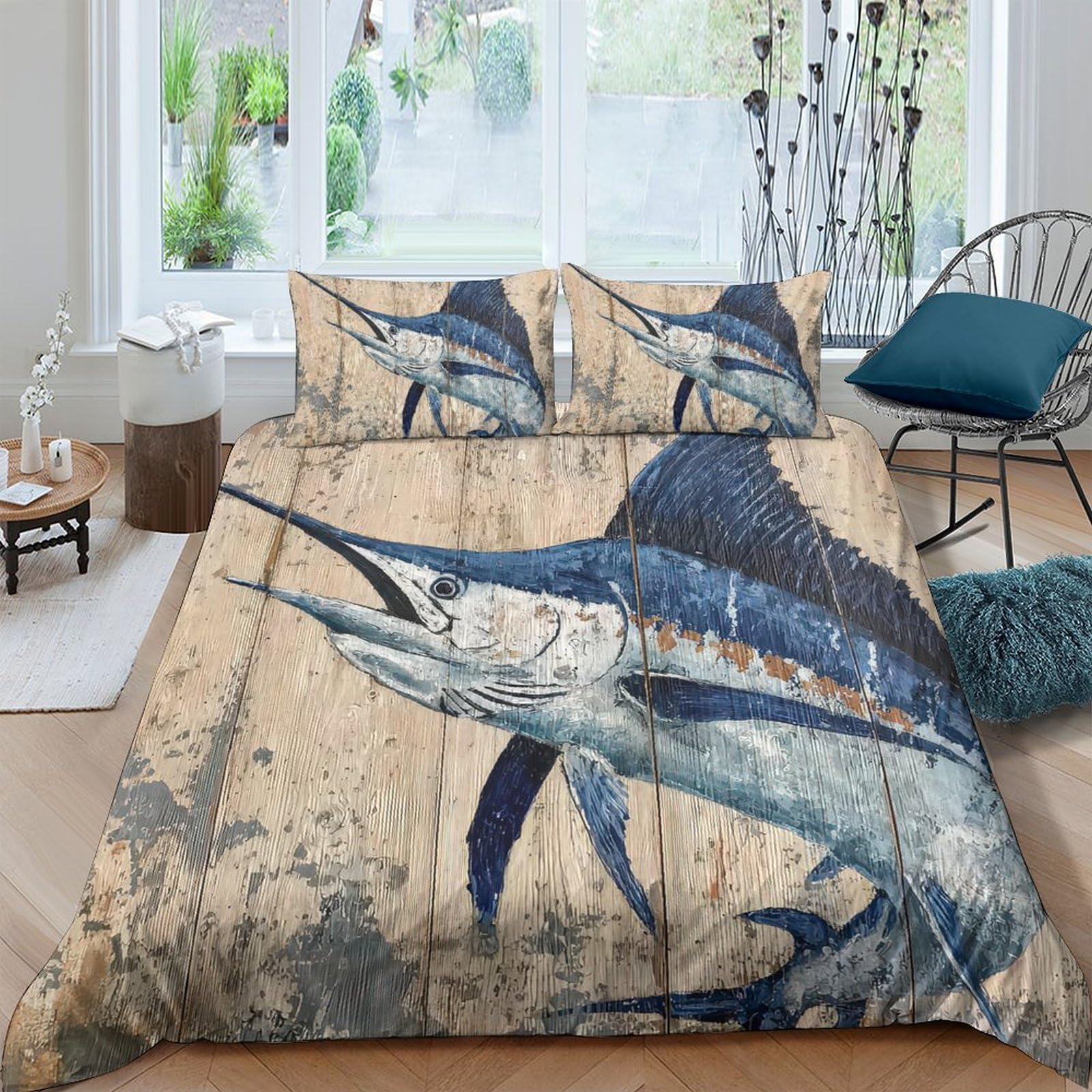 Ctjqhvkz Style-10 3D Printed Blue Marlin Fitted Sheet Microfiber Soft Breathable Ocean Fish Bed Cover For Bedroom Guest Room Decor Single（135X200cm）