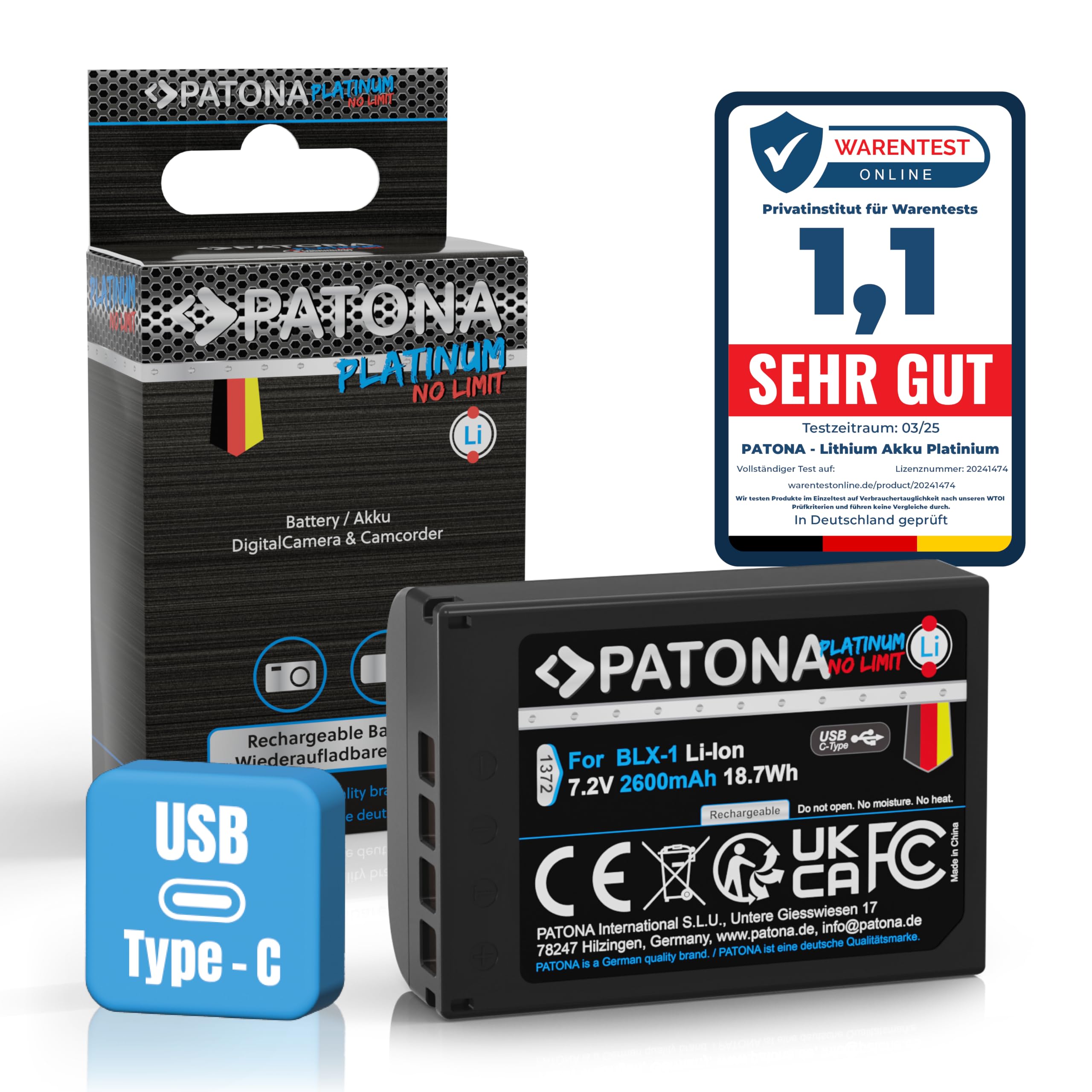 PATONA USB-C Platinum Akku Ersatz für Olympus BLX-1 BLX1 Battery 2600mAh