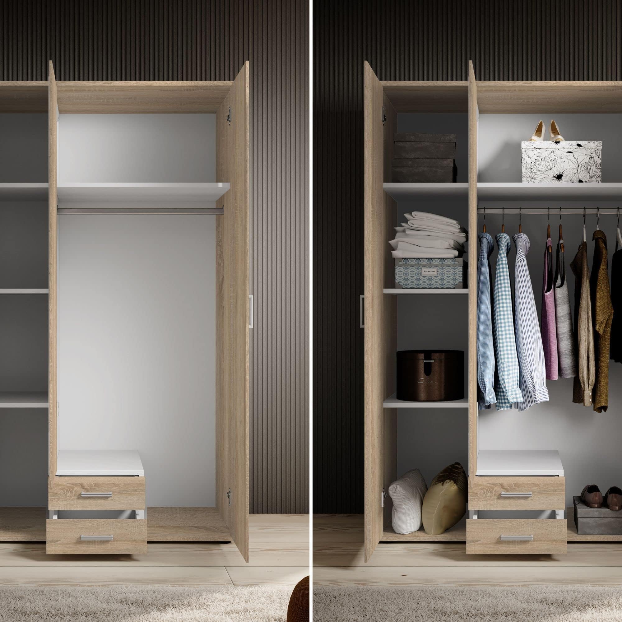 KARL, Elegante armadio a 3 ante molto capiente, versatile in effetto rovere Sonoma con anta a specchio, 120 x 195 x 55 cm