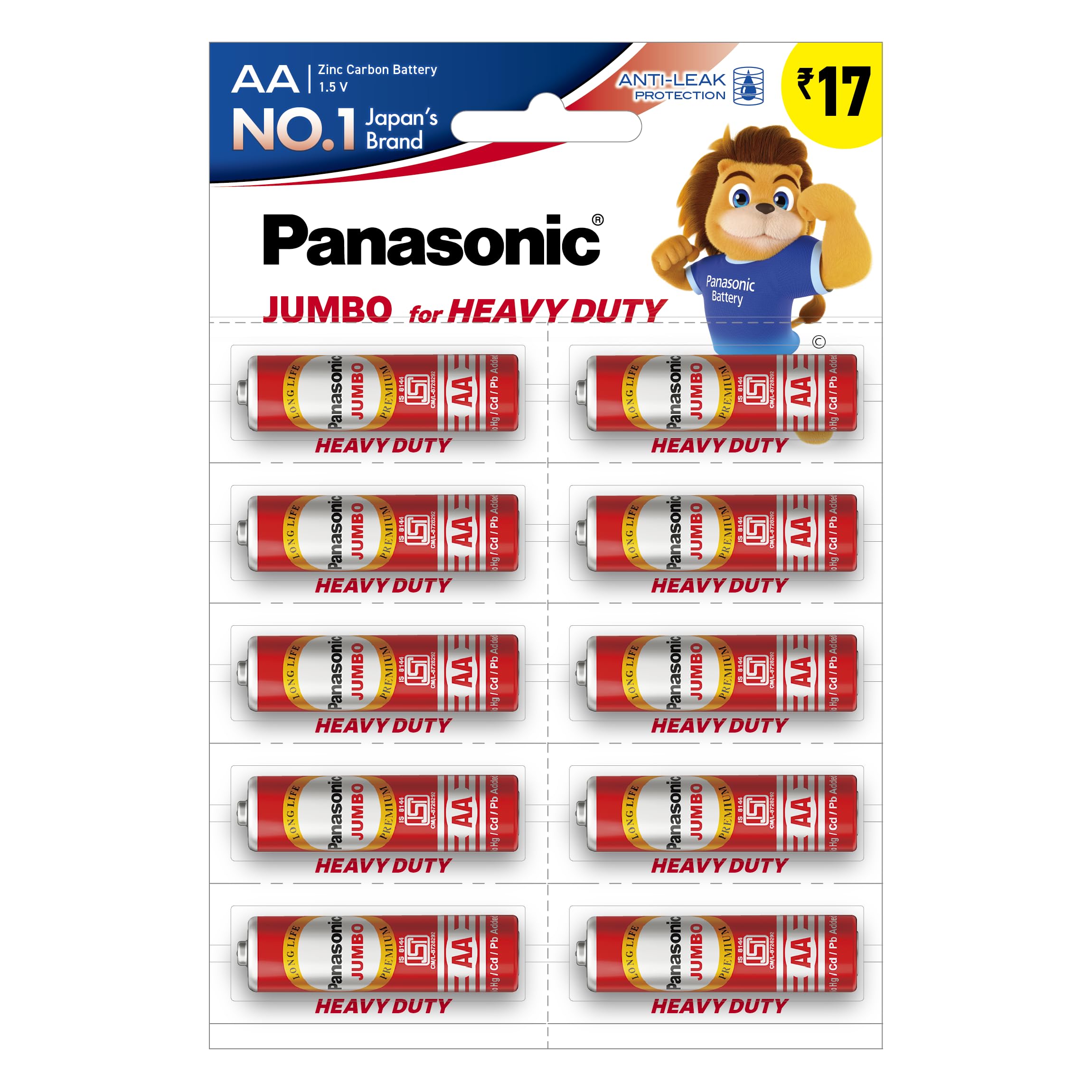 Panasonic Jumbo Zinc Carbon AA 1.5V Batteries, Pack of 10, Long Life Premium India's 1st 100% Eco-Friendly Batteries,Metal Clad,No Hg/Cd/Pb Added,Guaranteed Leakproof Up to 0.5 C.V,Pack of 10.