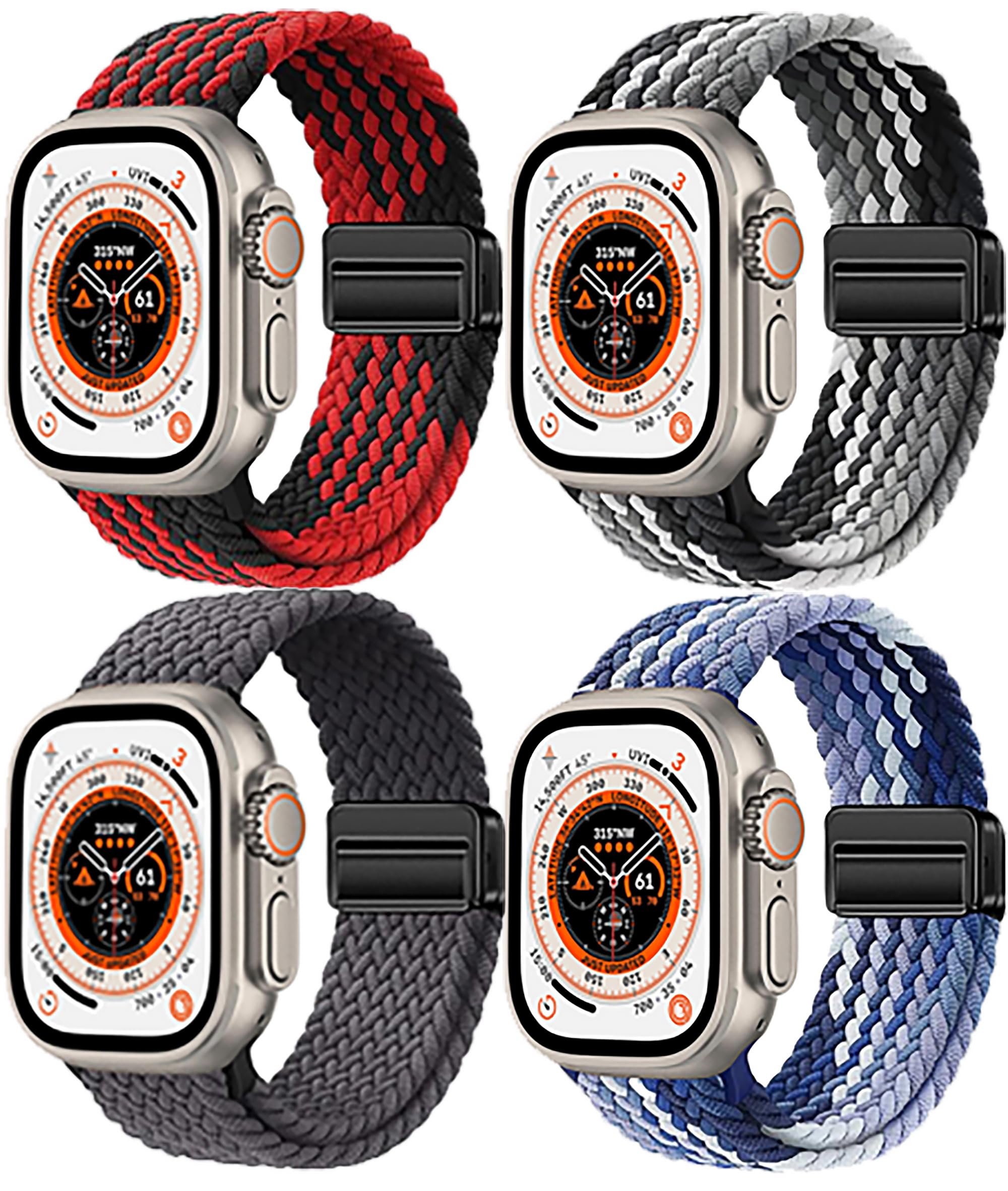 Osber 4 Pack Braided Magnetic Band Compatible with Apple Watch Women Men 49mm 46mm 45mm 44mm 42mm(2024 series 10) 41mm 40mm 38mm, Stretchy Nylon Sport