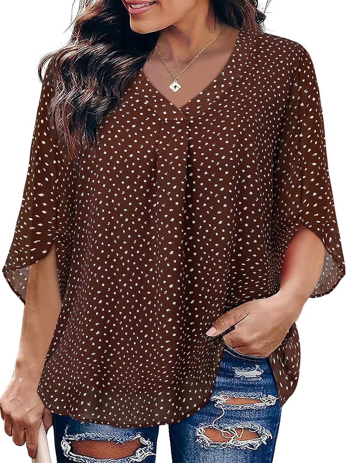 Siddhe Damen Elegant Bluse Große Größe Chiffon 3/4 Ärmel V-Ausschnitt Shirt mit Blütenblatt Ärmel Bedruckte Casual Fließende Longbluse Oberteil Oversize für Frühling Sommer