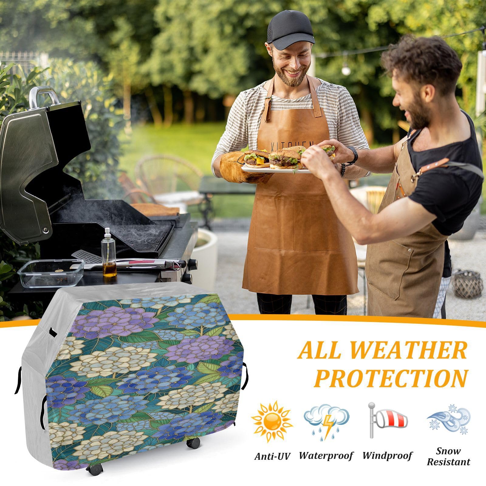 Duży pokrowiec na grilla 150 cm, wytrzymały, odporny na rozdarcie, odporny na blaknięcie materiał na zewnątrz, duży pokrowiec na grilla, elegancka hortensja, kwiatowy złoty kontur