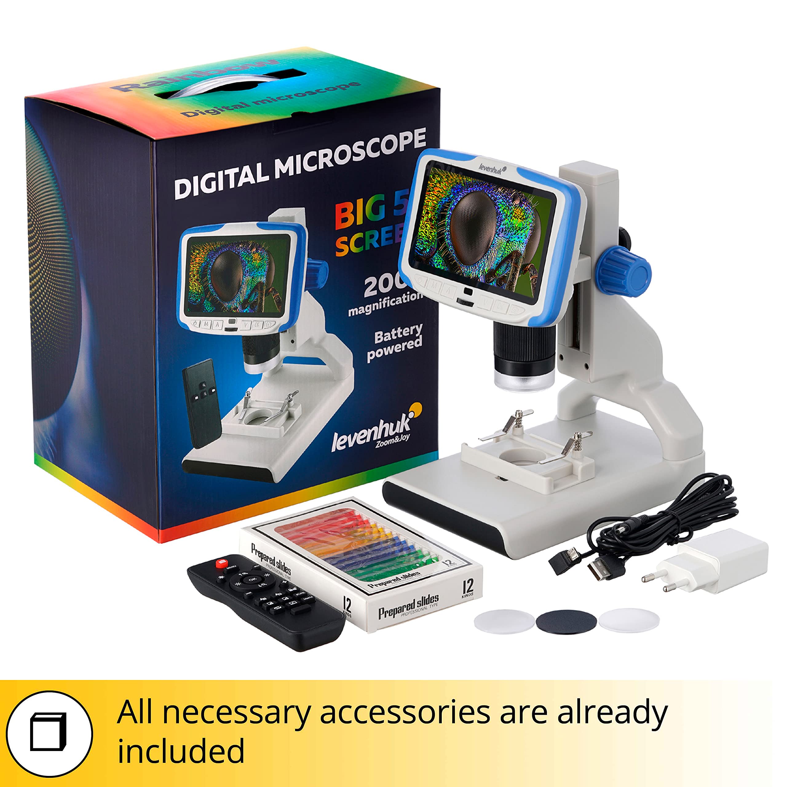 Levenhuk Rainbow DM500 Digitales Drahtloses Mikroskop mit 12,7-cm-LCD-Bildschirm, 10- bis 200-Facher Vergrößerung, Fernbedienung und Objektträgern im Set