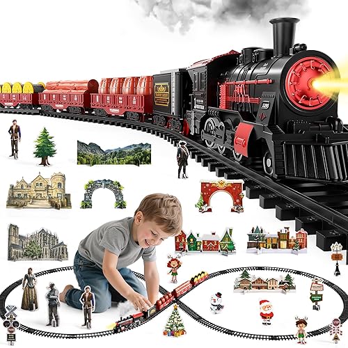 Juego de tren para niños de 3 a 5 años, juguete de tren eléctrico con sonido realista, luces y humo para debajo del árbol de Navidad, modelo de