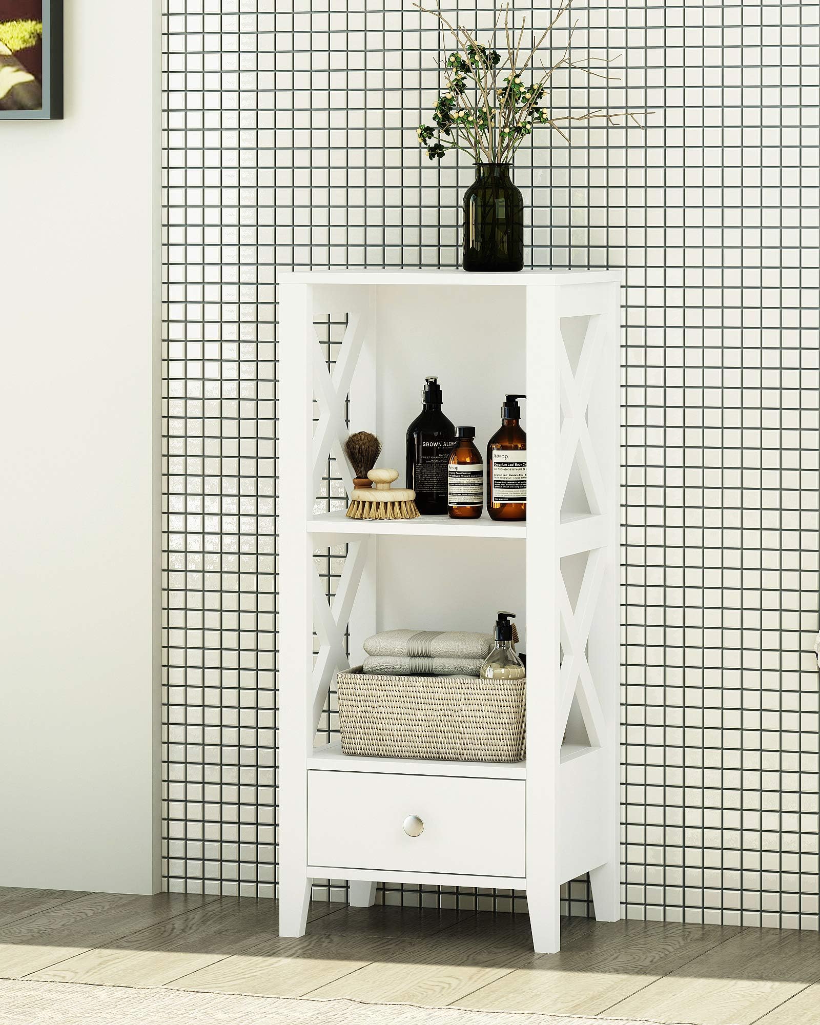 Spirich Home Modern X- Frame Freestanding Floor 3-Shelf Bathroom Storage Tower with Single Drawers, Free Standing Bathroom Storage Cabinets, Bathroom Floor Cabinet Shelves, White