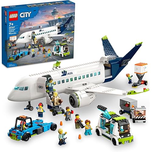LEGO City Passenger Airplane 60367 Building Toy Set; Fun Airplane STEM Toy for Kids with a Large Airplane, Passenger Bus, Luggage Truck, Container Loader, and 9 Minifigures
