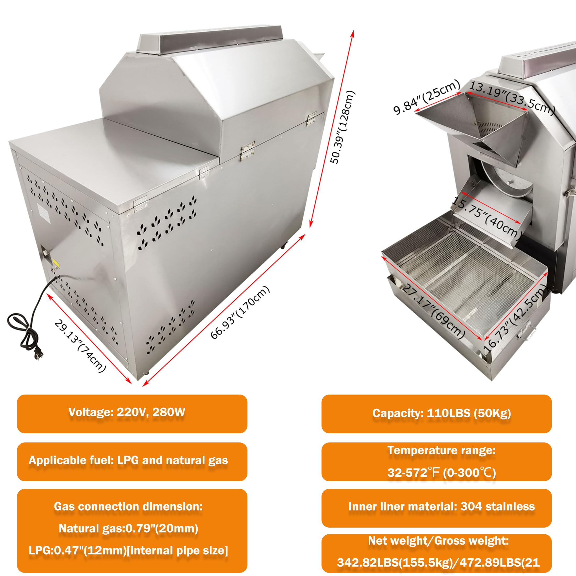 INTSUPERMAI Commercial Gas Bean Roaster Nut Roasting Machine Electric Chestnut Peocessing Machine Stainless Steel Coffee Roaster Machine for Coffee Roaster Nuts Bean 220V