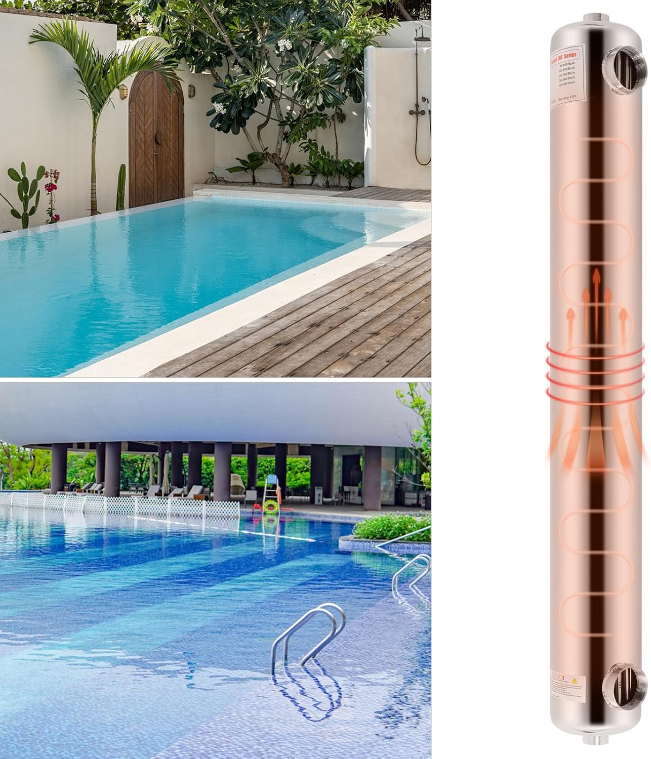 400MF Swimming Pool Heat Exchanger, 304 Stainless Steel Heat Exchanger for Outdoor Wood Boiler/Swimming Pool/Solar/Spa, Same Side Outlet 1070*Φ133mm,1 "+2" FPT, 120KW