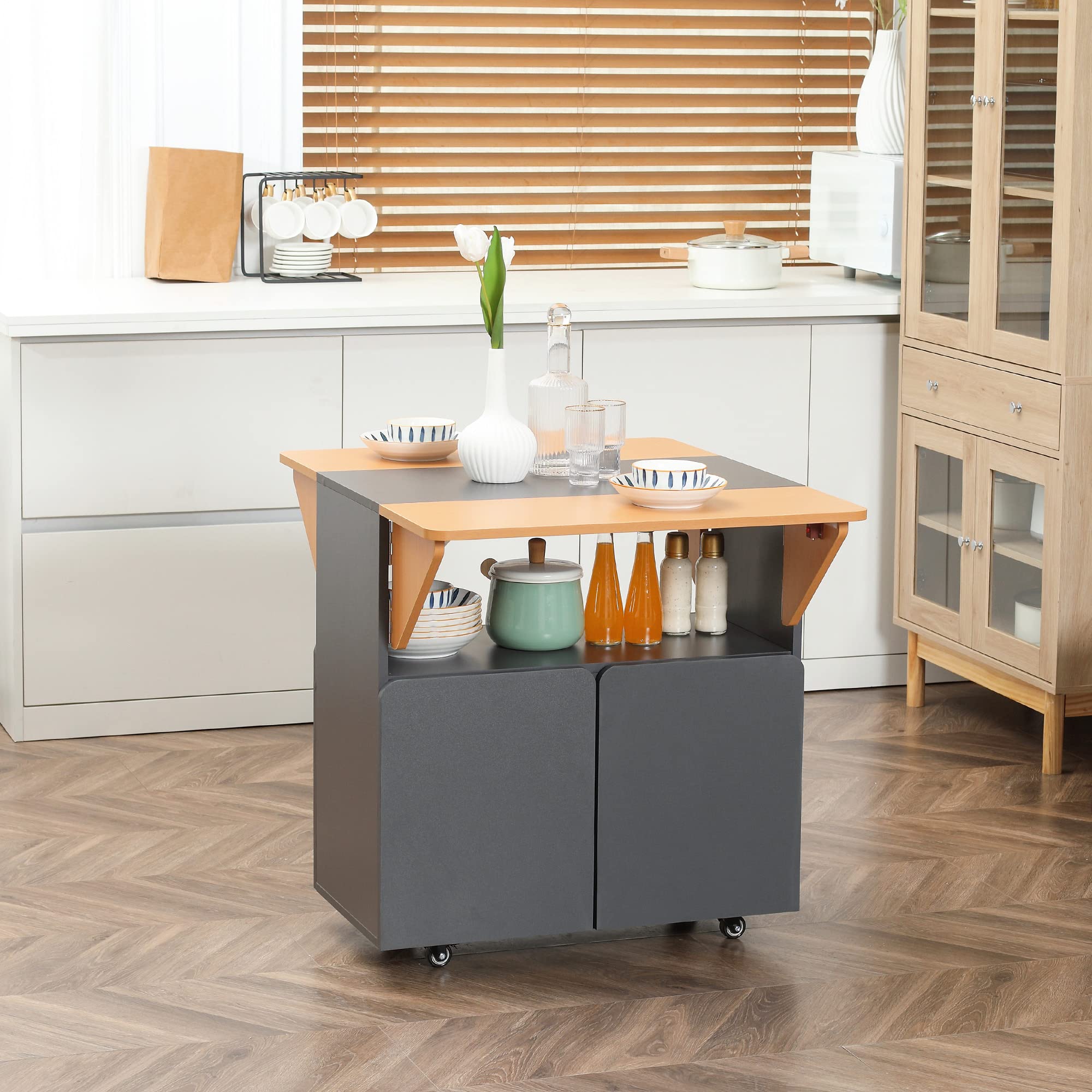 HOMCOM Tavolo Pieghevole Salvaspazio 4 Ruote 70x83x75 cm Giallo e Grigio | Per 4 Persone Max, Ripiano Nascosto, Armadietto con Ante