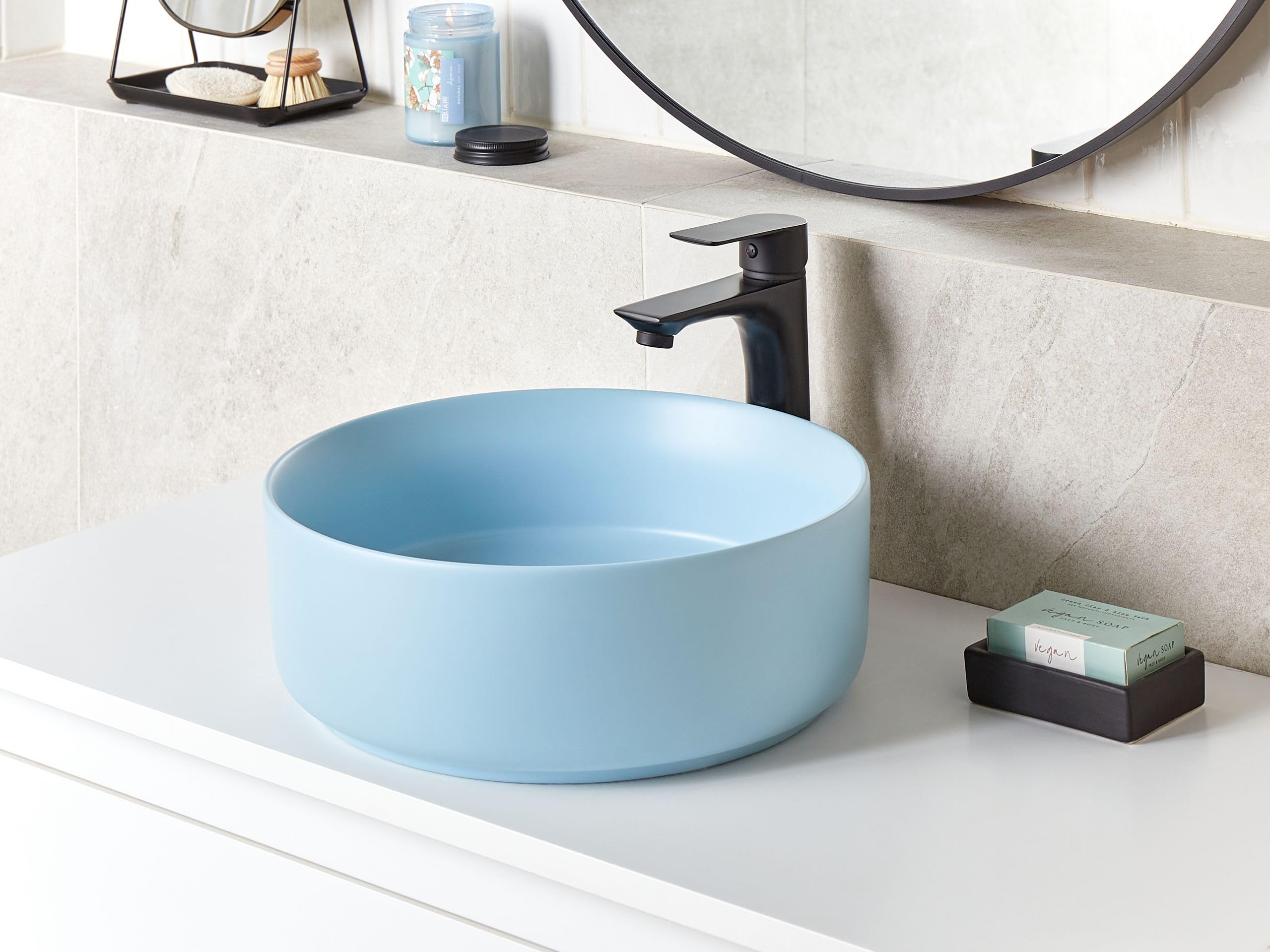 Umywalka łazienkowa nablatowa ceramiczna mat okrągła 37 cm niebieska Gudar