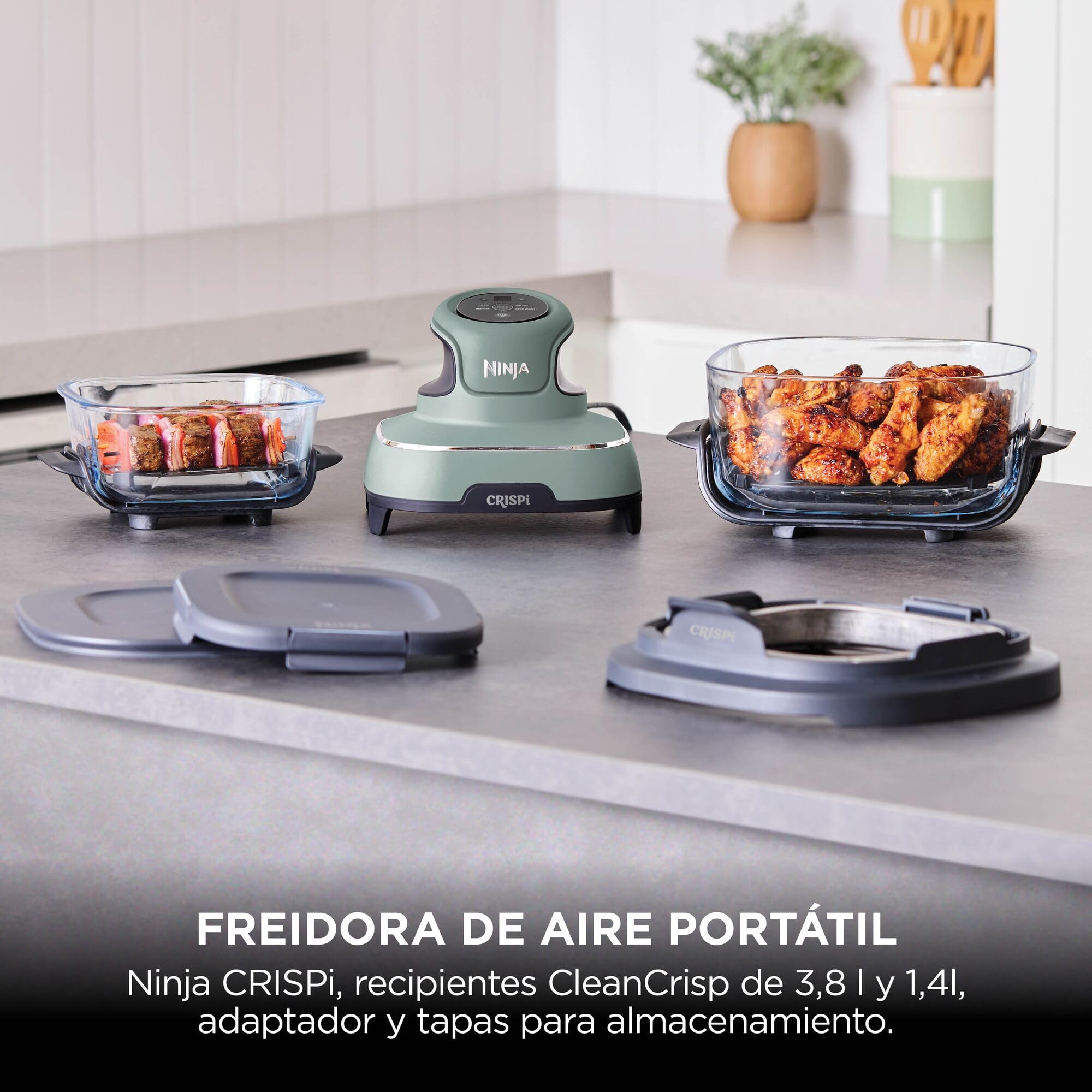 Ninja CRISPi Freidora de Aire portátil, 3,8 l, 4 en 1, freír con Aire, Asar, Mantener Caliente y gratinar, compacta, Incluye 2 recipientes de Vidrio extraíbles y Tapas
