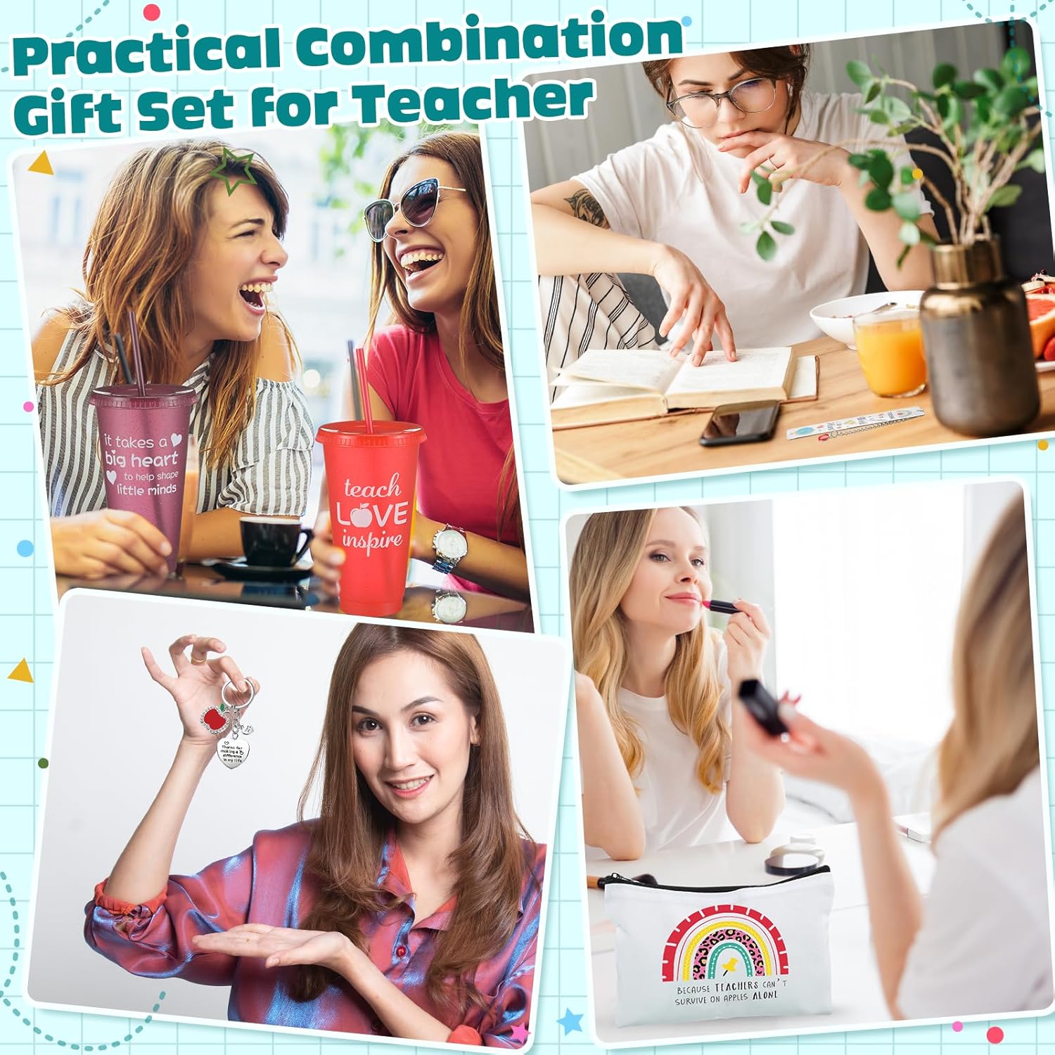 Meanplan 5 Sets Teacher Appreciation Gift Bulk Graduation Retirement Teacher Gifts for Women 24 oz Reusable Plastic Cups Makeup Bags Keychains Bookmarks with Pendants