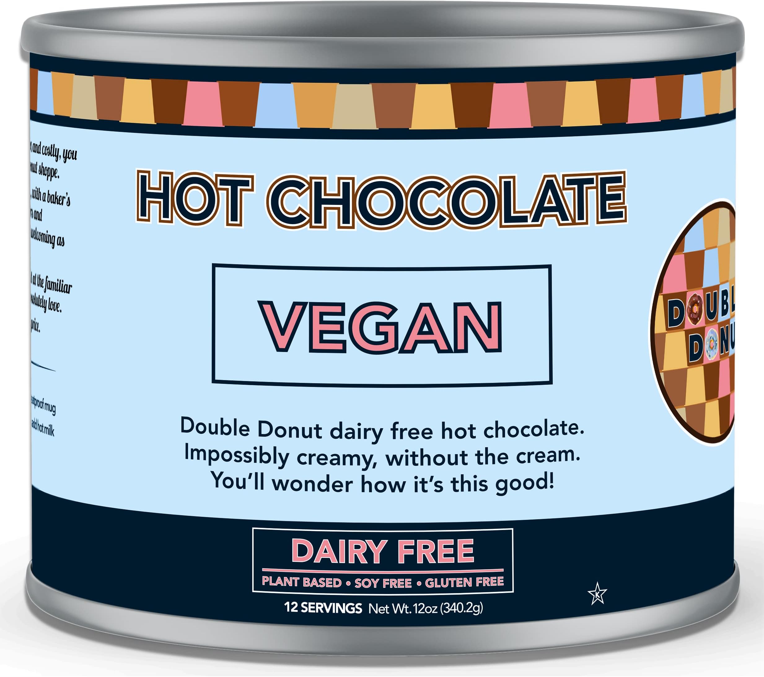 Double Donut Coffee Dairy Free Hot Chocolate Mix, Non Dairy Instant Vegan Hot Chocolate Mix, 12 Ounce