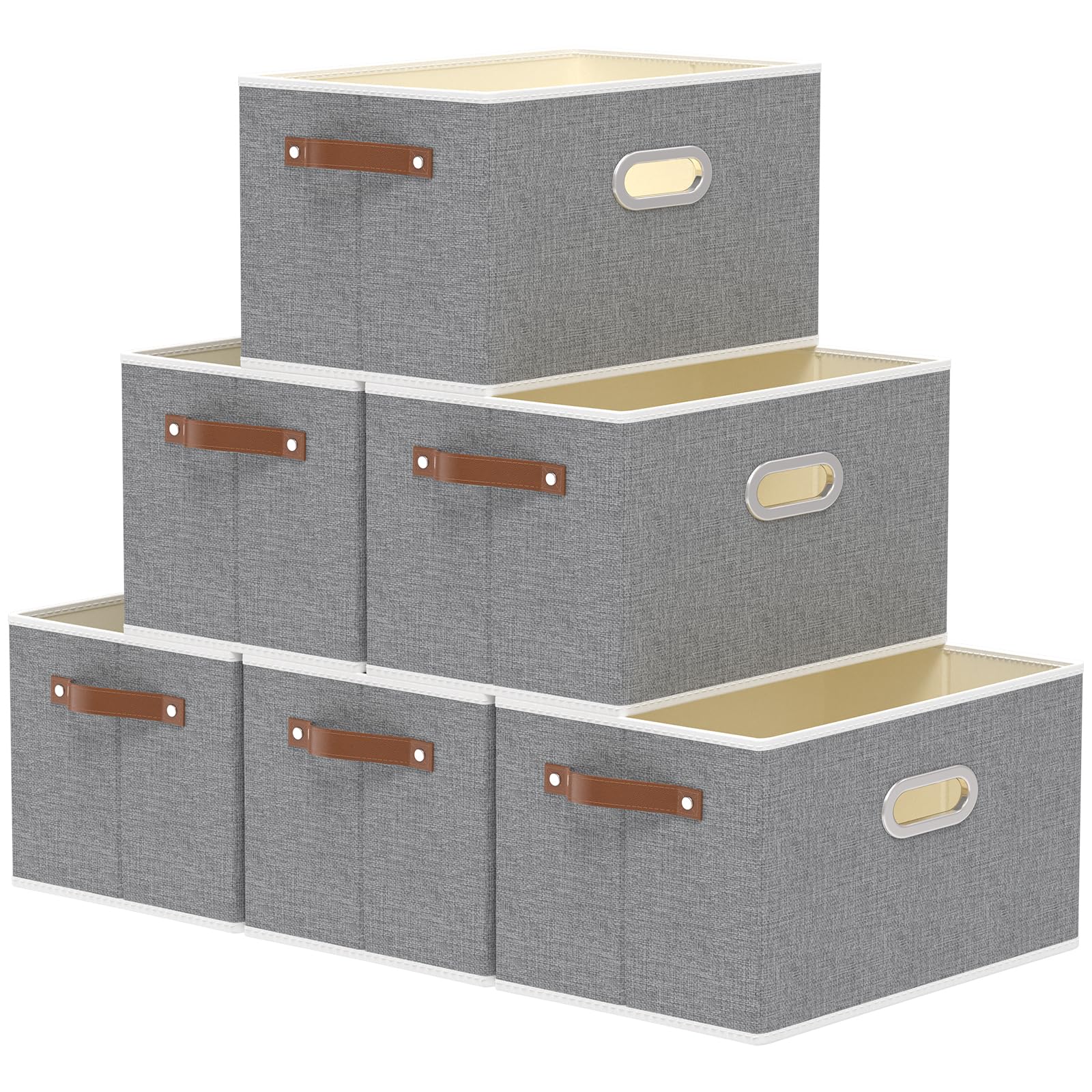 Yawinhe Collapsible Storage Bins, 16.9 x 11.8 x 10.2 Inch, Cube Storage Bins, Fabric Foldable Storage Bins Organizer Containers with Dual Leather Handles for Home Bedroom Closet Office (Grey, 6-Pack)