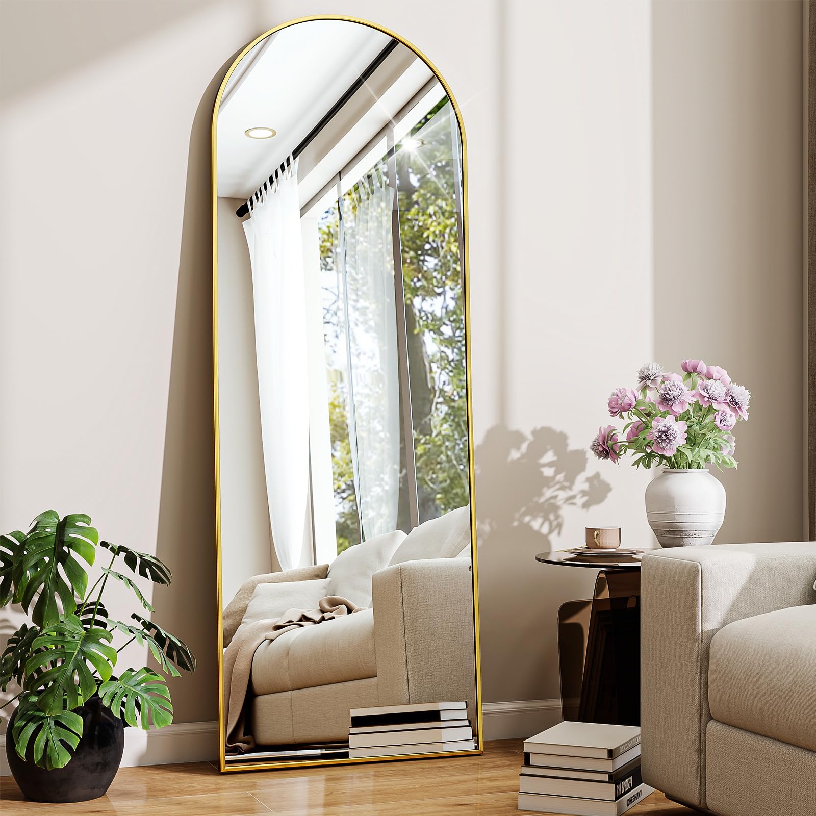 BEAUTYPEAK Bogen Ganzkörperspiegel 150x40 cm, Gewölbter Standspiegel hängend oder lehnend an die Wand, Bodenspiegel mit Ständer für Schlafzimmer, Wohnzimmer oder Ankleidezimmer, Gold