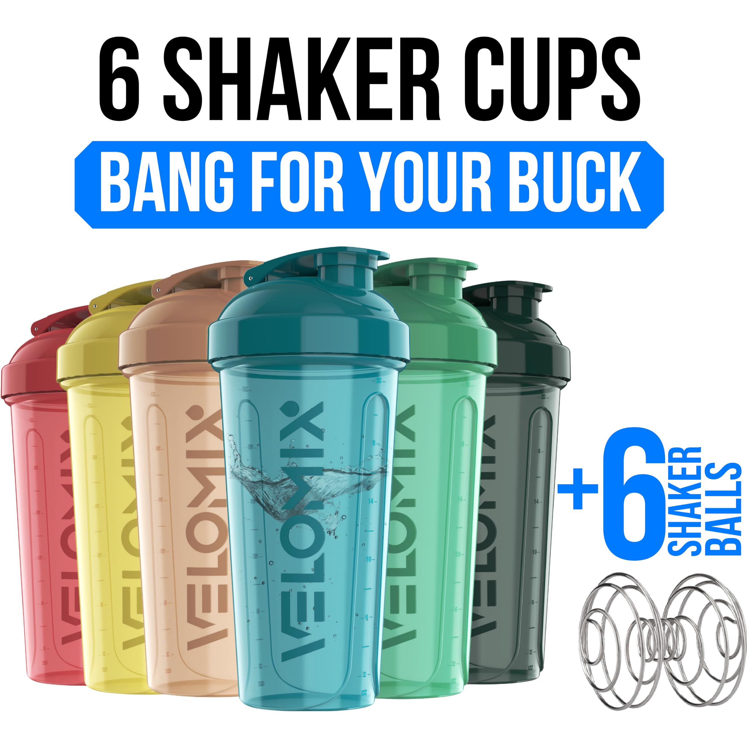 VELOMIX Hawai Shadows, Protein-Shaker-Flasche für Mischungen, 6 Draht-Bälle, auslaufsichere Becher für Nahrungsergänzungsmittel, BPA-frei, für Fitnessstudio und Fitness, 6 Stück