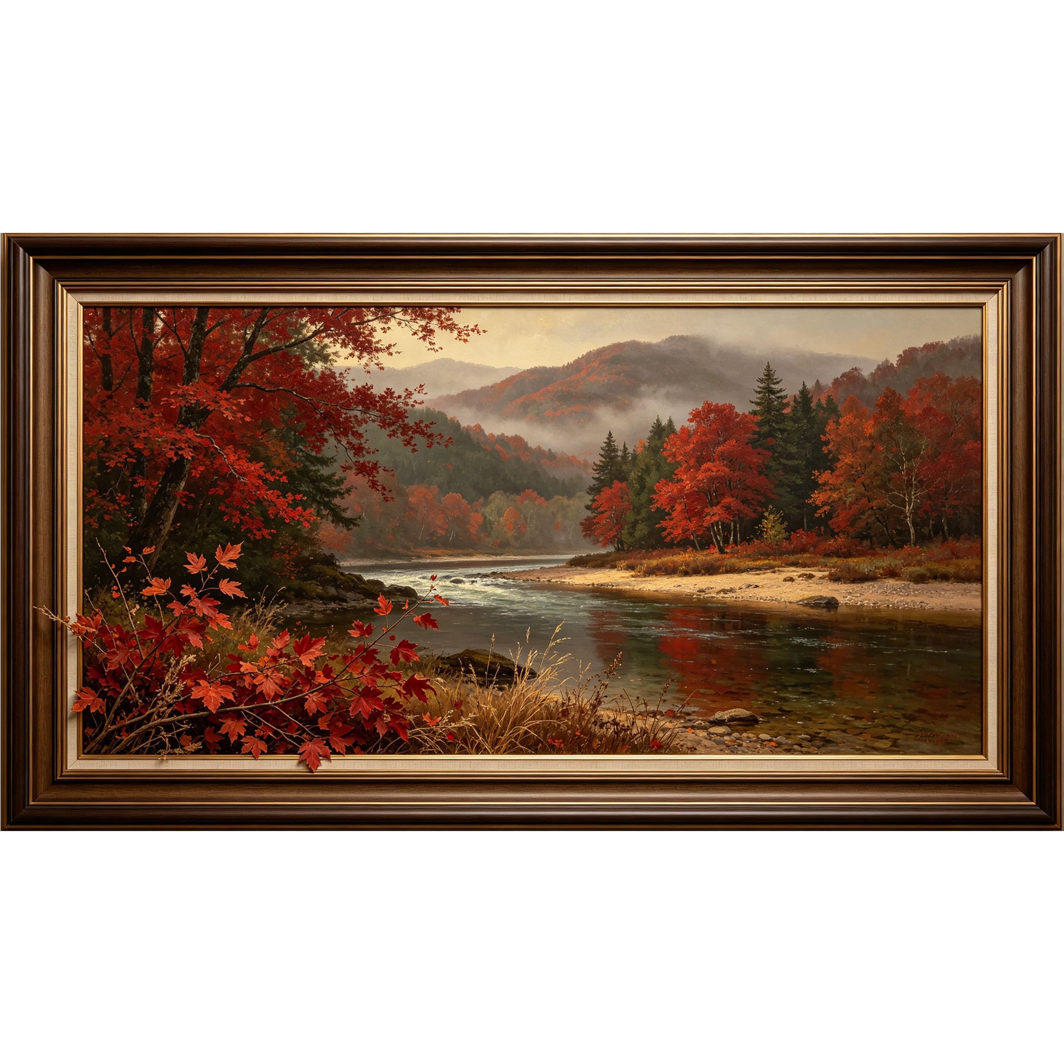 QZLITHOTIC 50x90cm3D Framed Wall Art， Autumn Mountain River Landscape Self‑Adhesive Mural， Water‑Activated Peel & Stick Fabric Decor Wall Decal for Bedroom Living Room