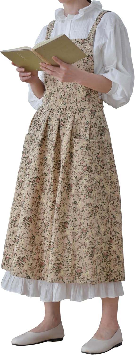 Japanese Cotton Linen Cross Back Work Apron for Women with Pockets Pinafore Dress Smock