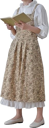 Delantal japonés para mujer con espalda cruzada para mujer con bolsillos, delantales delantales, delantal de lino de algodón para mujer