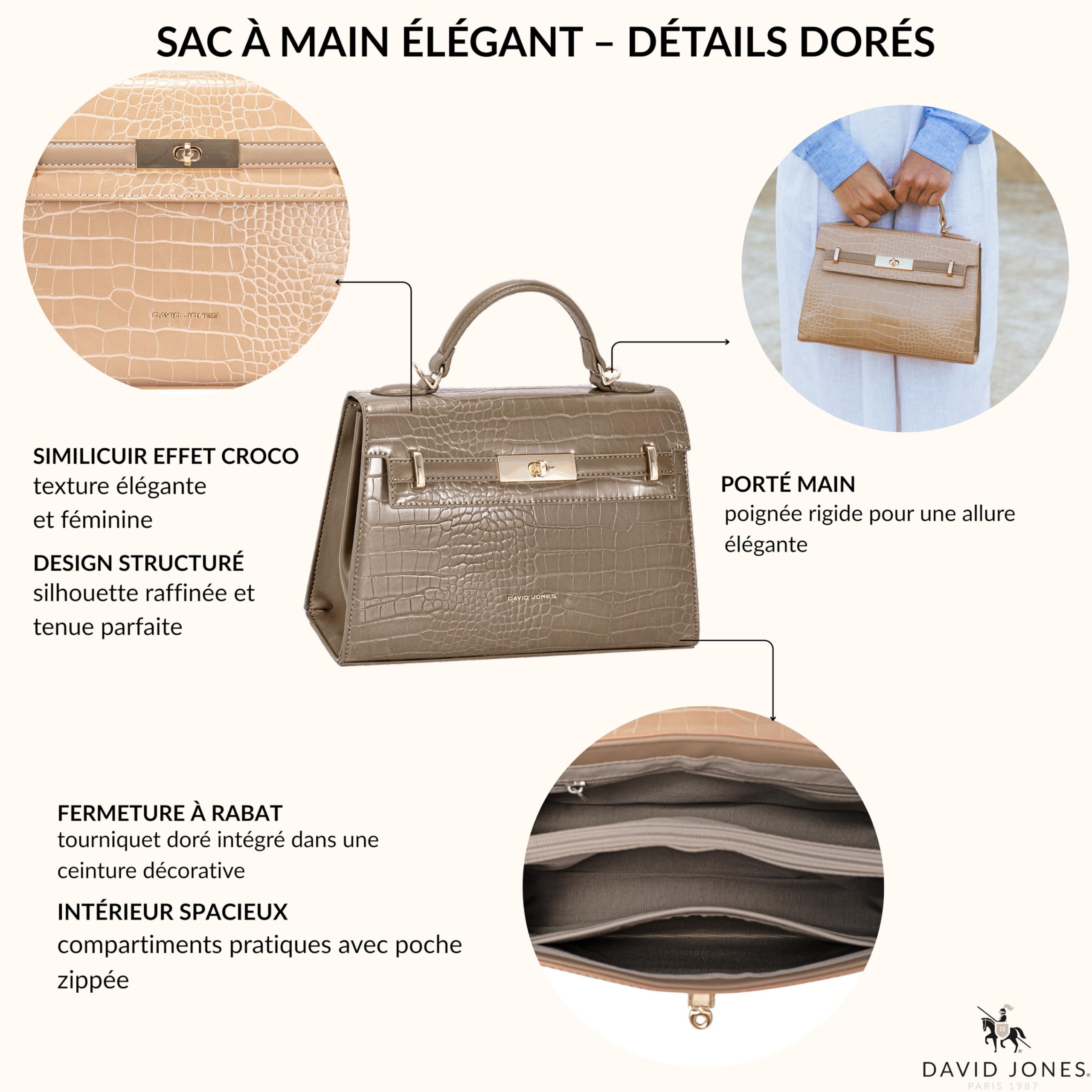 David Jones - Bolso de mano para mujer, piel sintética de cocodrilo, tamaño mediano, 2 compartimentos, elegante clásico de noche y fin de semana