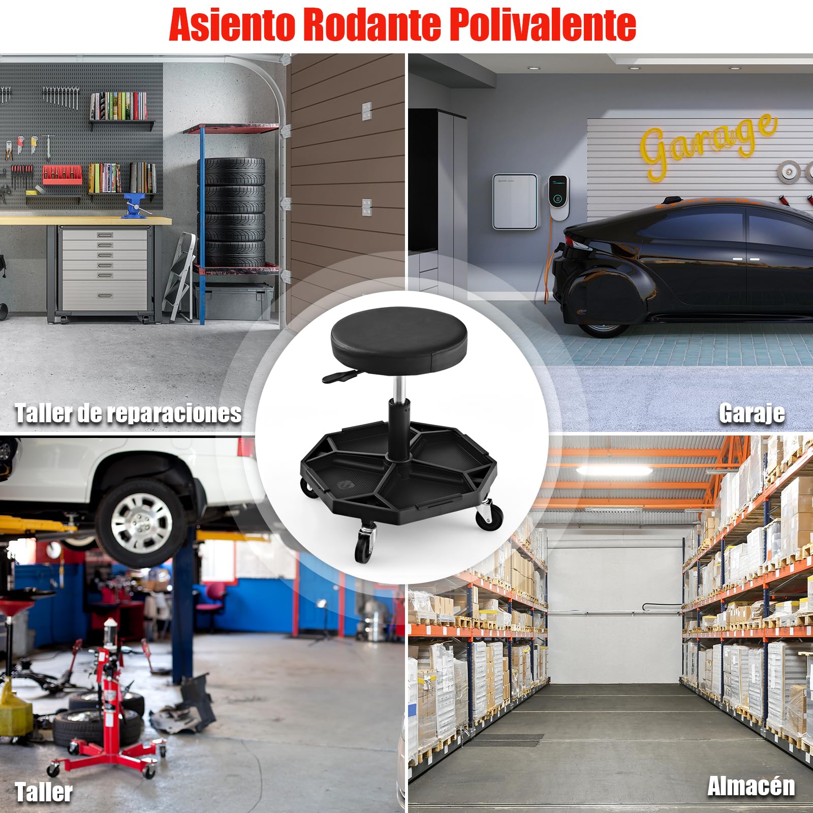 GYMAX Taburete de Montaje Móvil Robusto, Taburete de Taller Ajustable, Asiento Neumático Mecánico con Bandeja para Herramientas y Cojín Acolchado, Asiento Giratorio para Garaje (Negro)