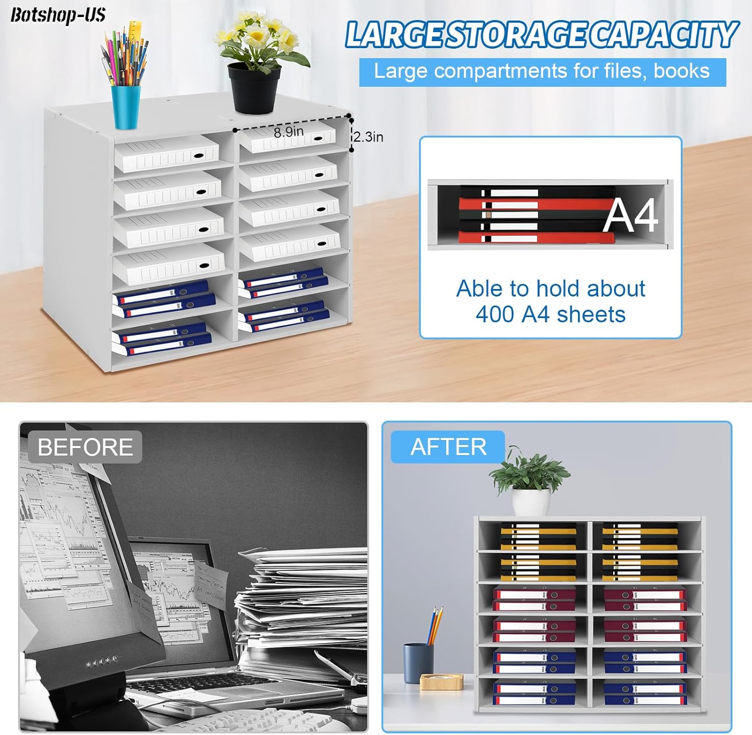 Gdrasuya10 Desktop Literature Organizer Office File Sorter Mail Center Magazine Holder Paper Cabinet with Adjustable Shelves Mailbox for Office Home School Classroom Shelves, 12 Slots, White