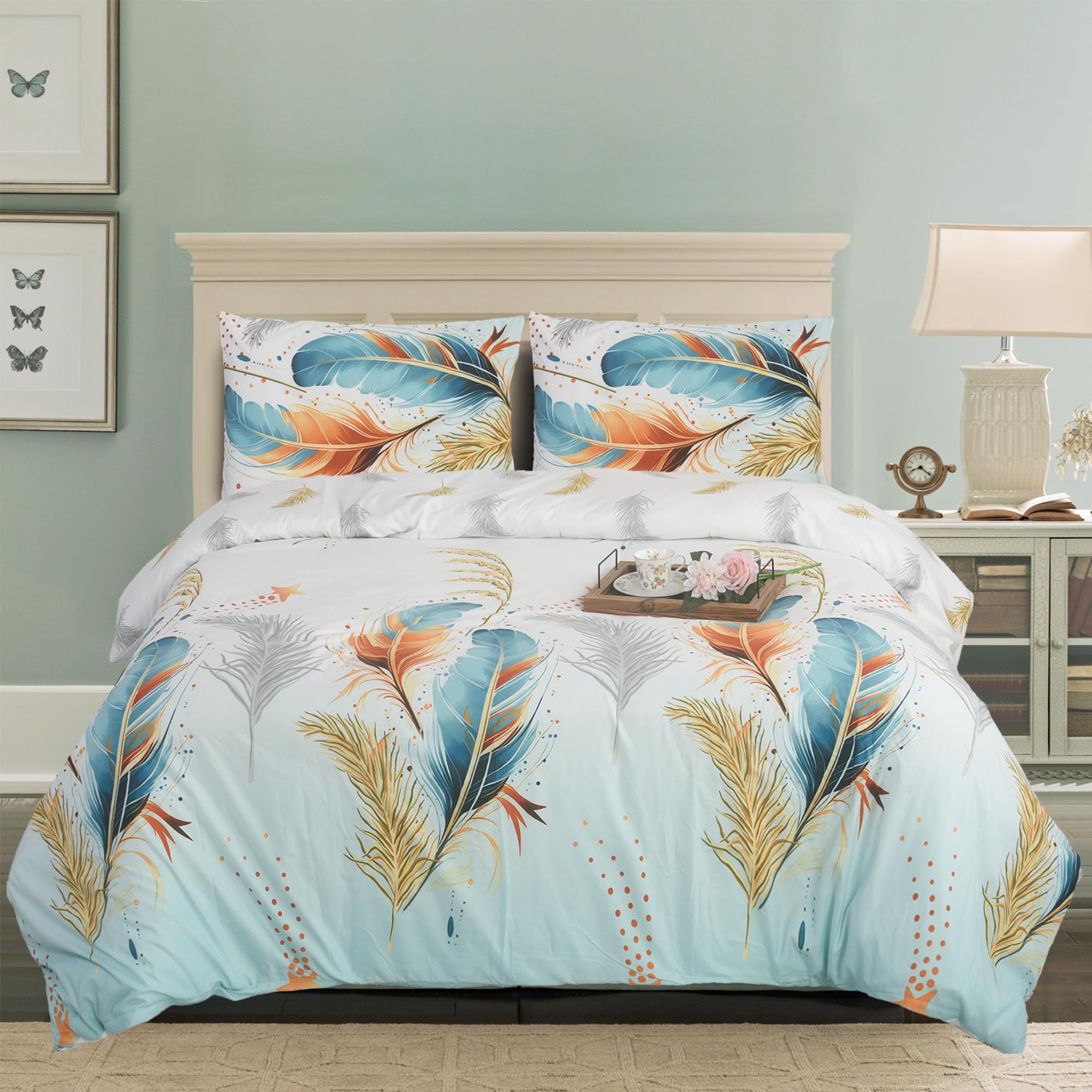 CHARKHAH 4 Piece Reversible Printed Bedding Set Includes 1 Duvet Cover, 1 Deep Fitted Sheet & 2 Pillowcases – Soft Microfibre Easy Care Quilt Cover Set for All Seasons (GOLDEN-FEATHER, Super King) — image 1