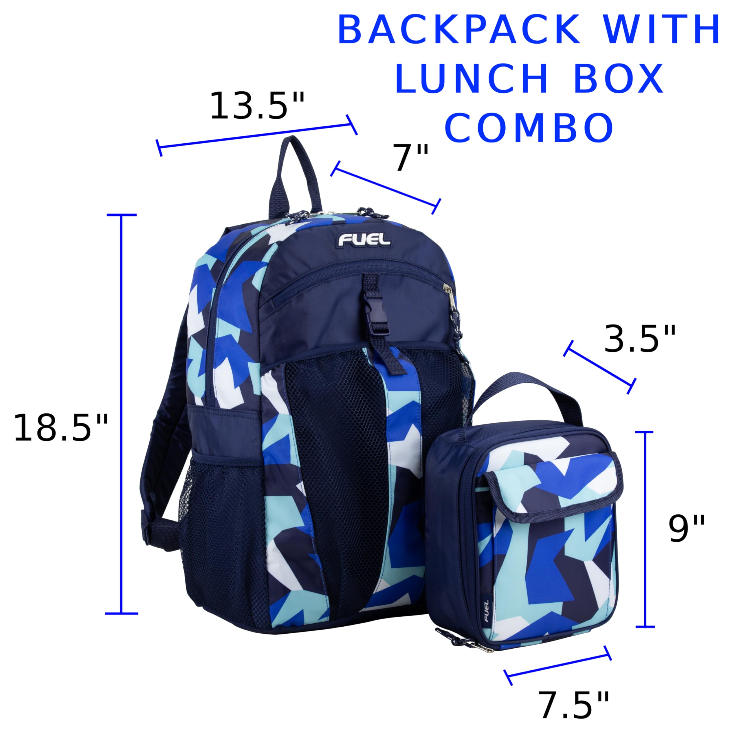 FUEL Lunch Backpack Set Water Resistant Bookbag Bag Soft Reusable Insulated Cooler Lunch Box Thermal Travel Office Lunch Bag, Blue Jagged Shape