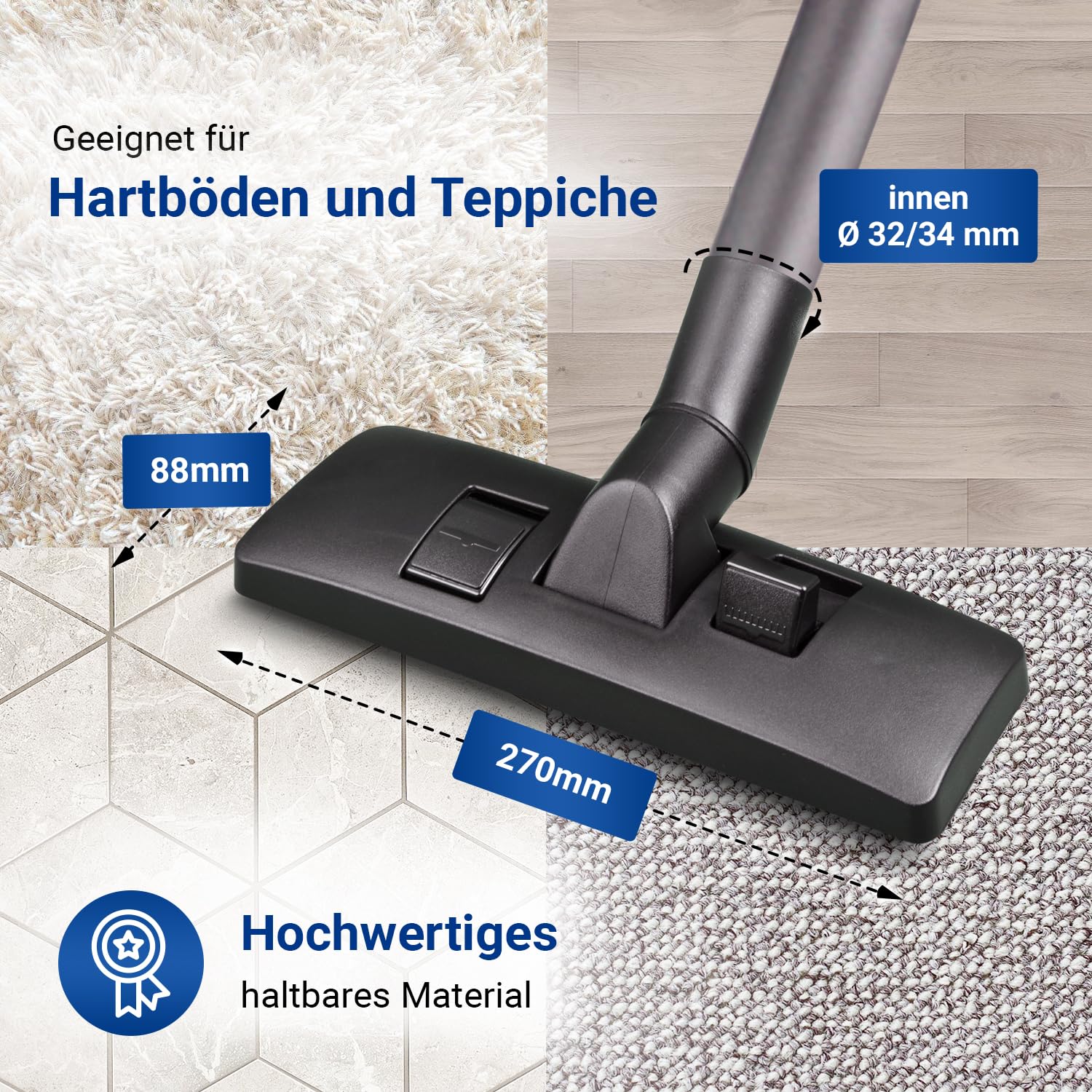 VIOKS Brosse de sol pour aspirateur avec adaptateur de raccordement pour tube de 32/34 mm de diamètre | Brosse d'aspirateur universelle compatible avec Miele, Siemens, Philips, Bosch, Kärcher